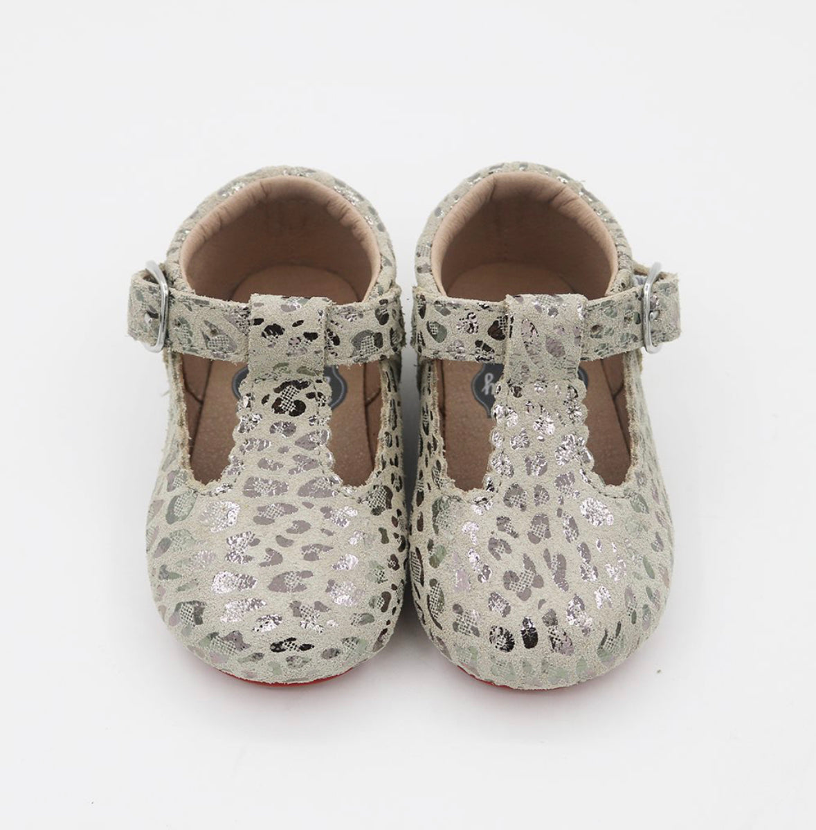 T-straps - Silver Suede Leopard/red Soles