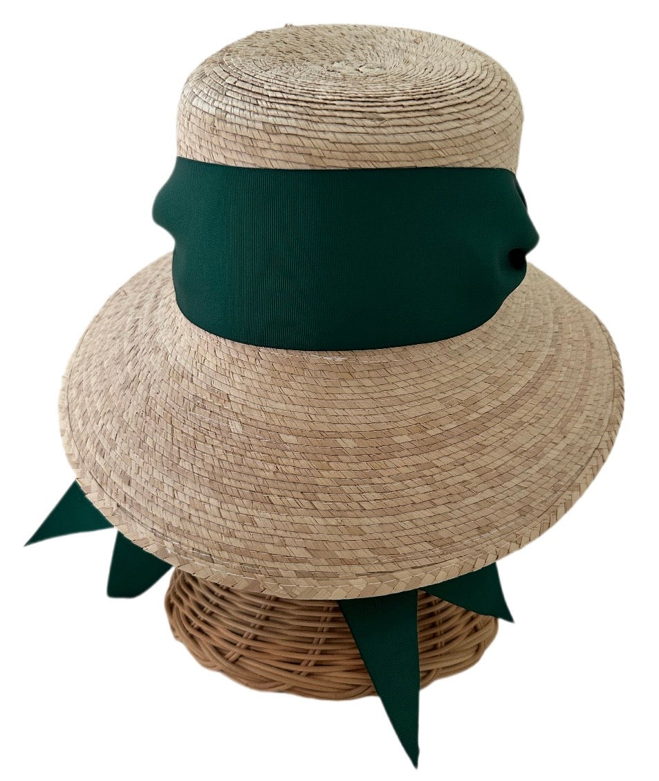 Clematis Bucket Hat - Wide & Short Dark Green Grosgrain Ribbon