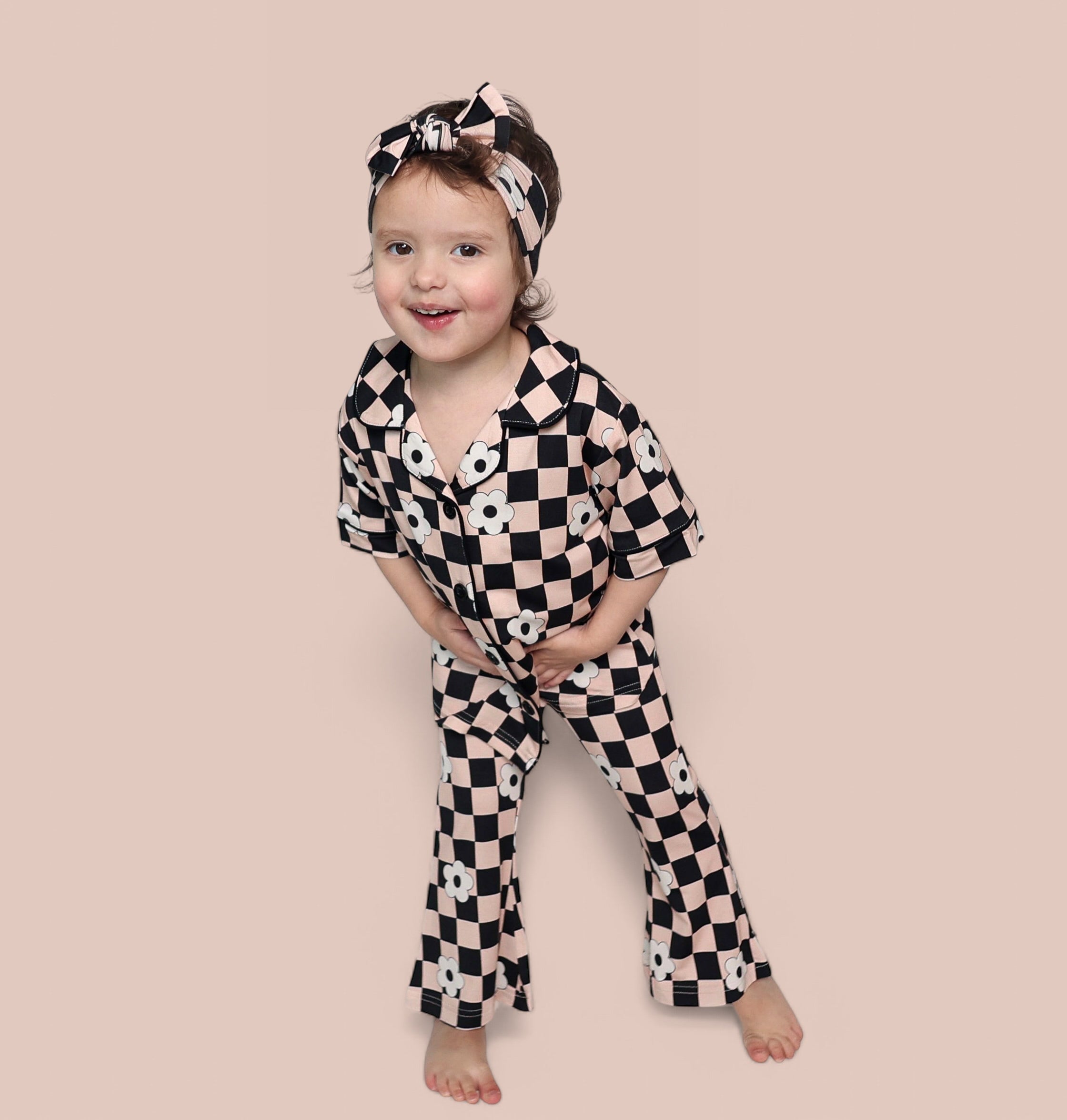 Retro Daisy Checks Short Sleeve Dream Girl's Flare Set