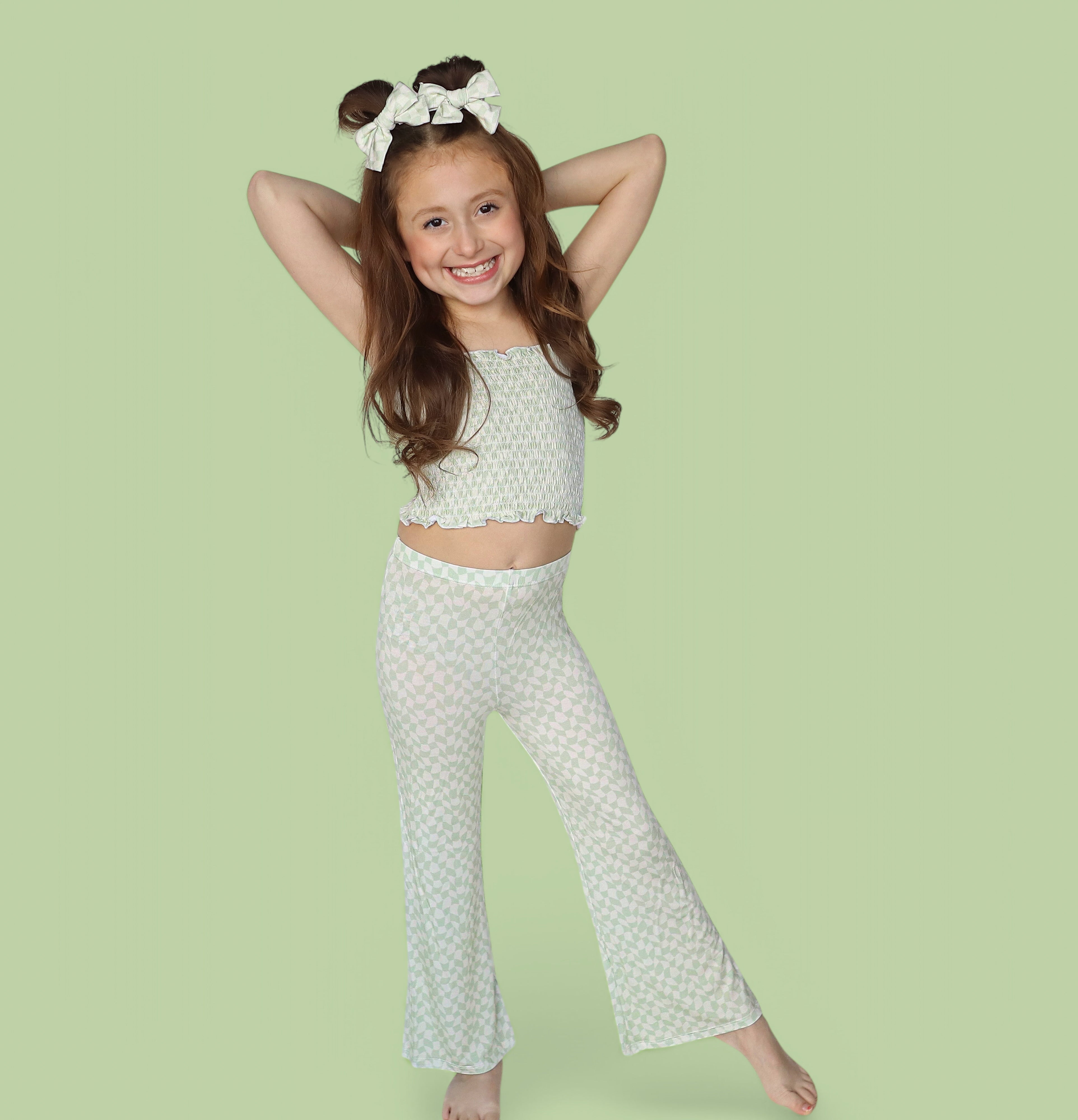Sage Wavy Checkers Dream Smocked Flare Set