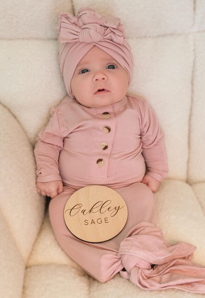 Newborn Knotted Gown And 3 Bow Turban Hat - Dusty Rose