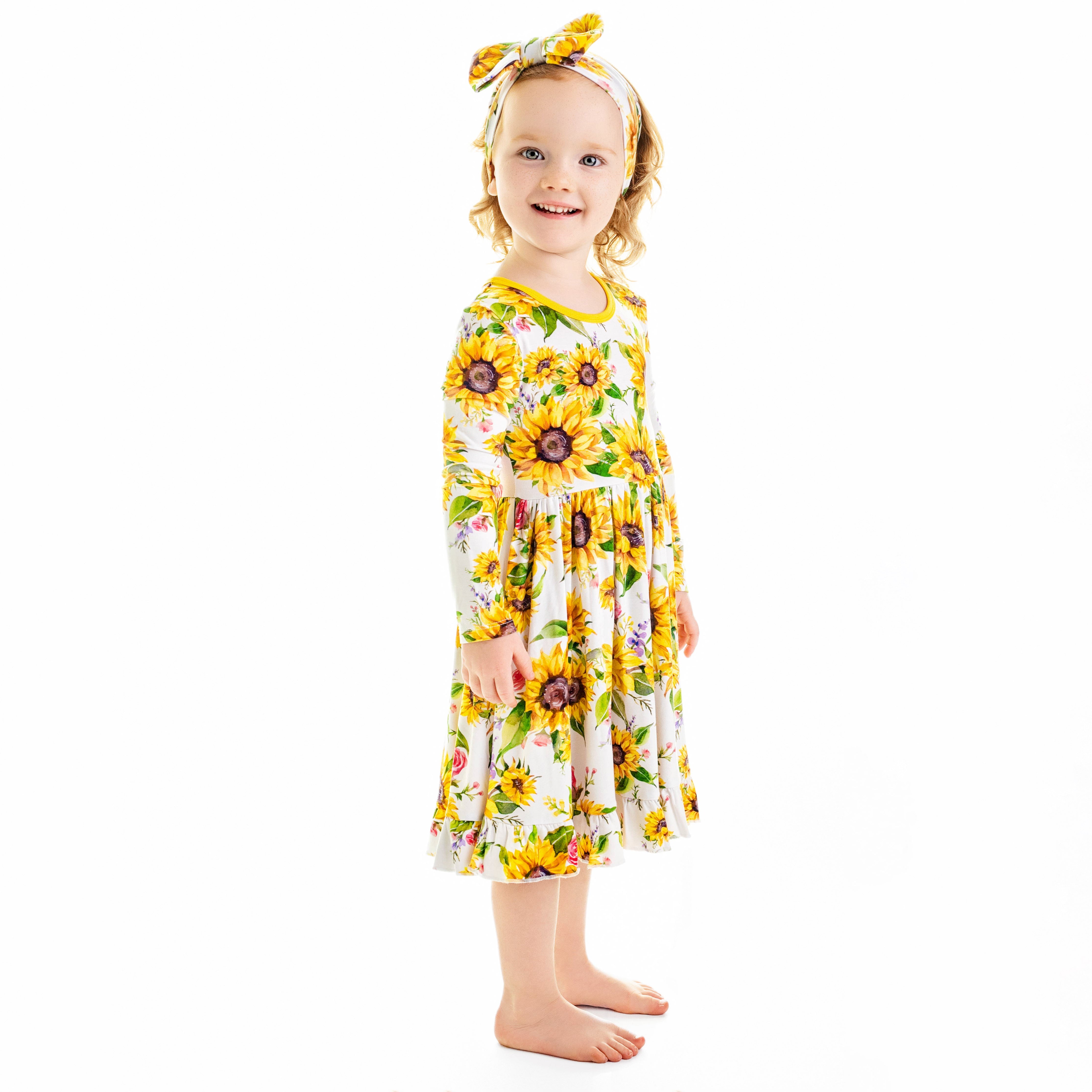 Suns And Roses (sunflower) Long Sleeve Big Kid Twirl Dress