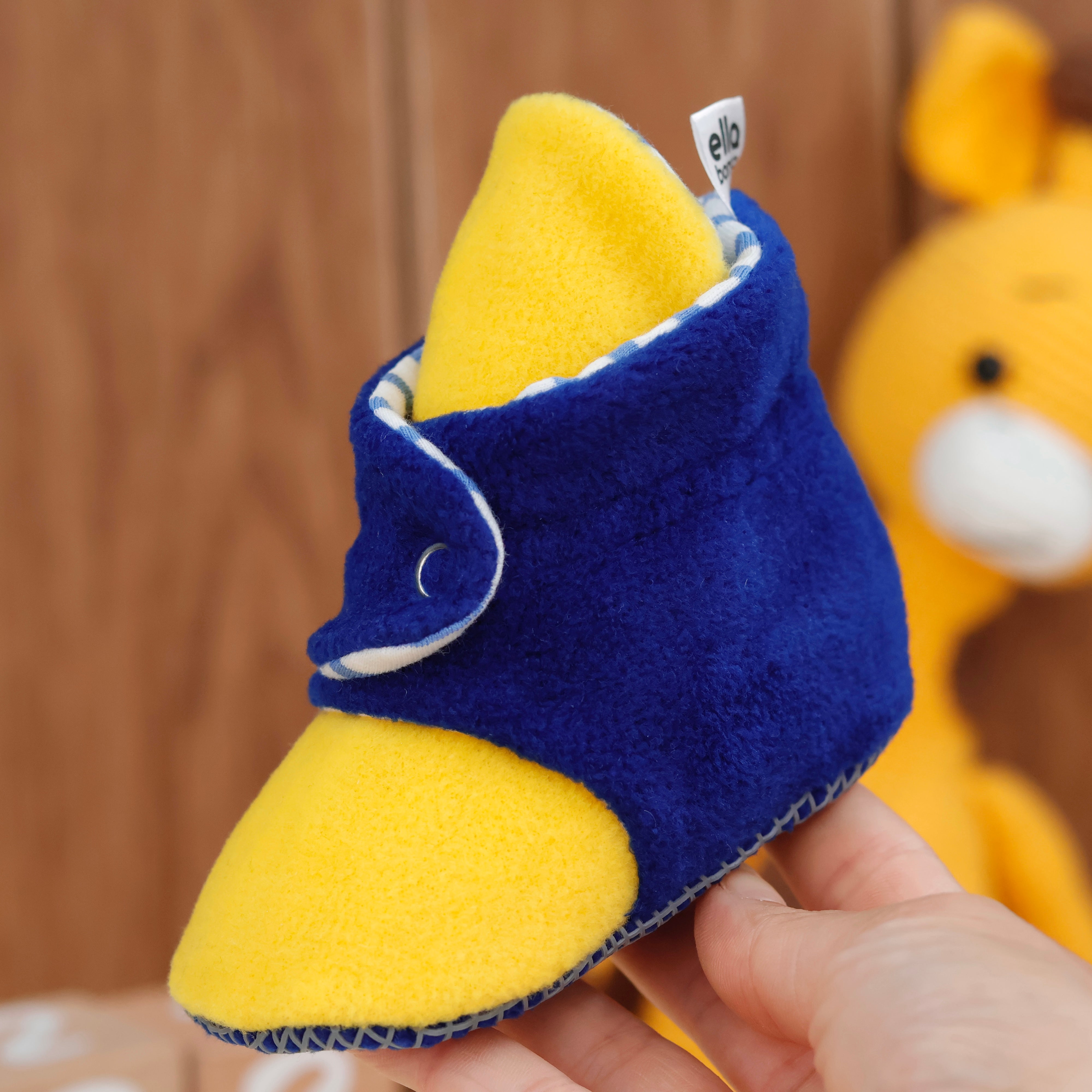 Anti-slip Sole, Fleece Baby Booties, Newborn Home Booties, Sweat Proof Organic Cotton Lining, Yellow Blue