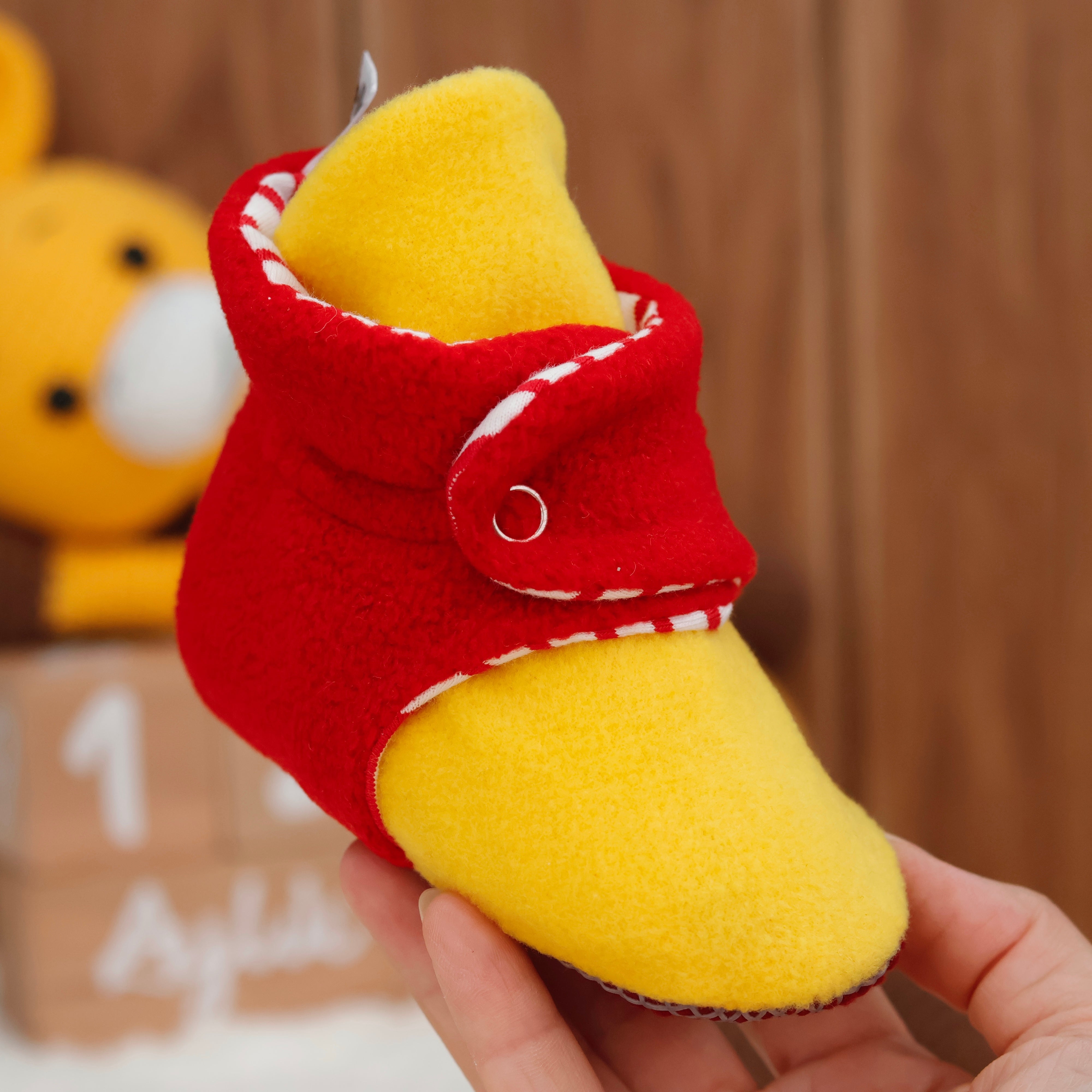 Anti-slip Sole, Fleece Baby Booties, Newborn Home Booties, Sweat Proof Organic Cotton Lining, Yellow Red