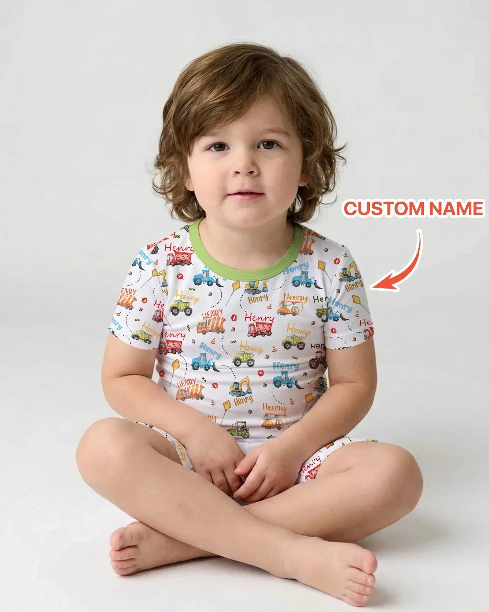 Construction Vehicles Custom Name Bamboo Two Piece Short Sleeve Shorts Pajama Set