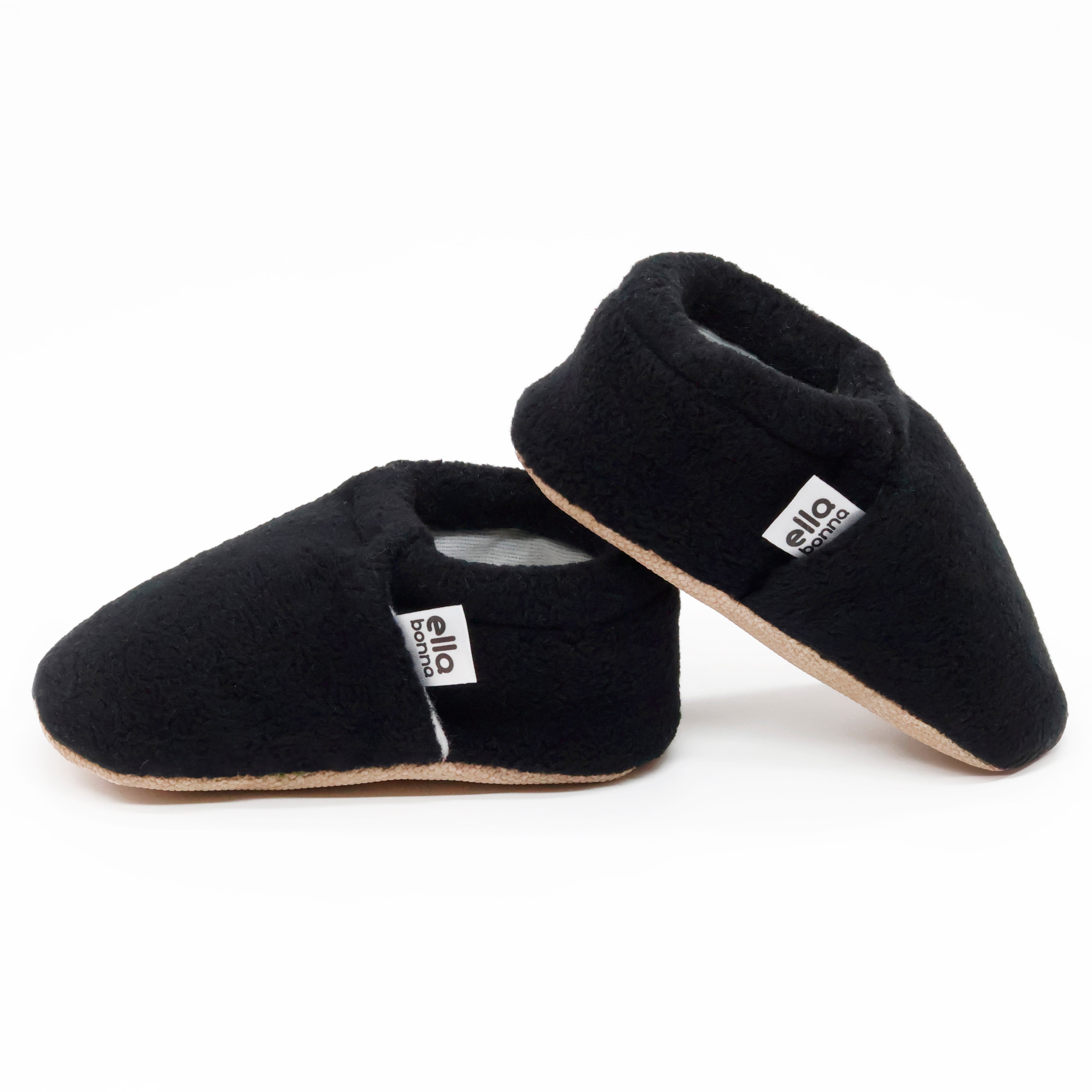 Fleece Baby House Booties, Non-slip Sole, Organic Cotton Lining, Black