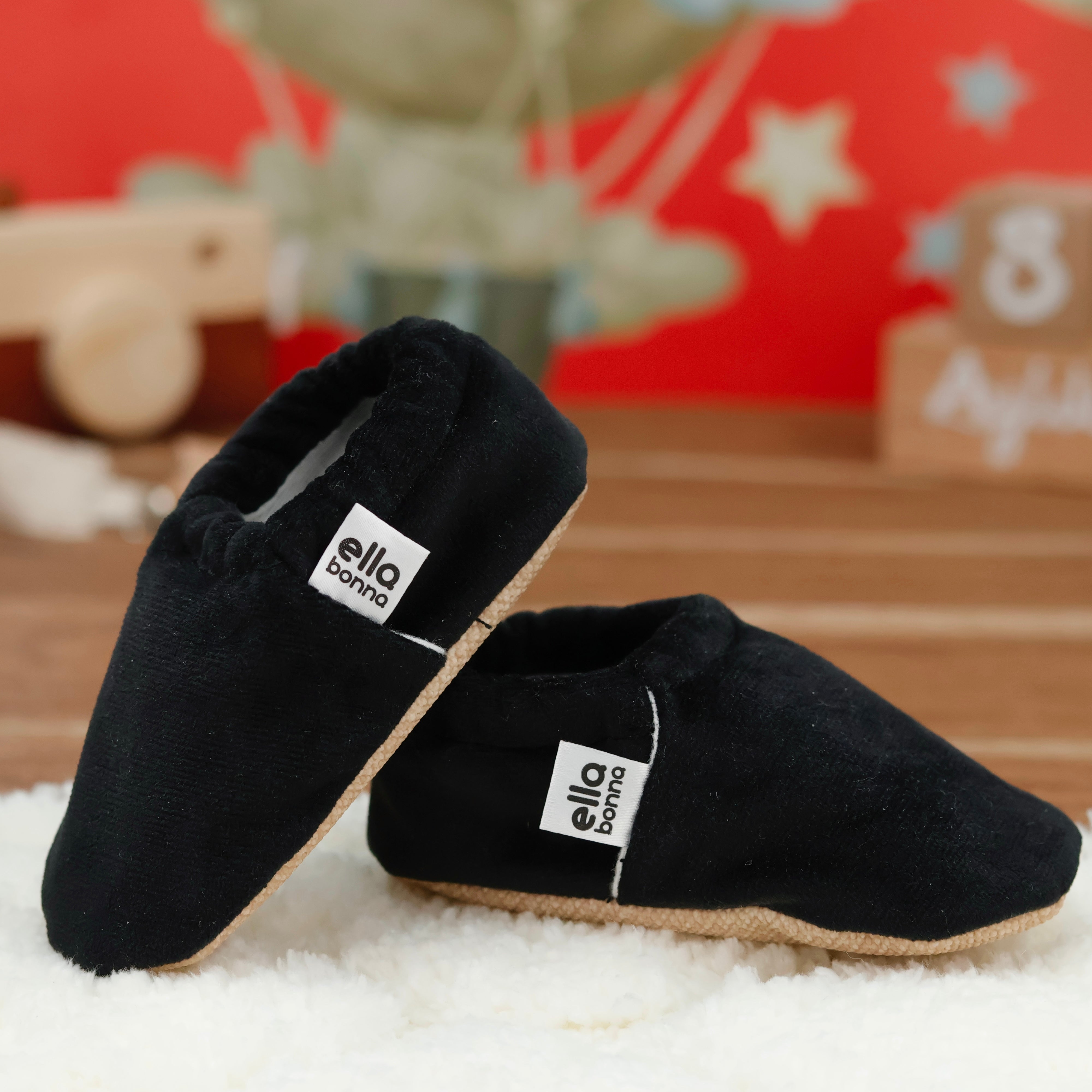 Organic Cotton Velvet Home Nursery Moccasin Shoes Black