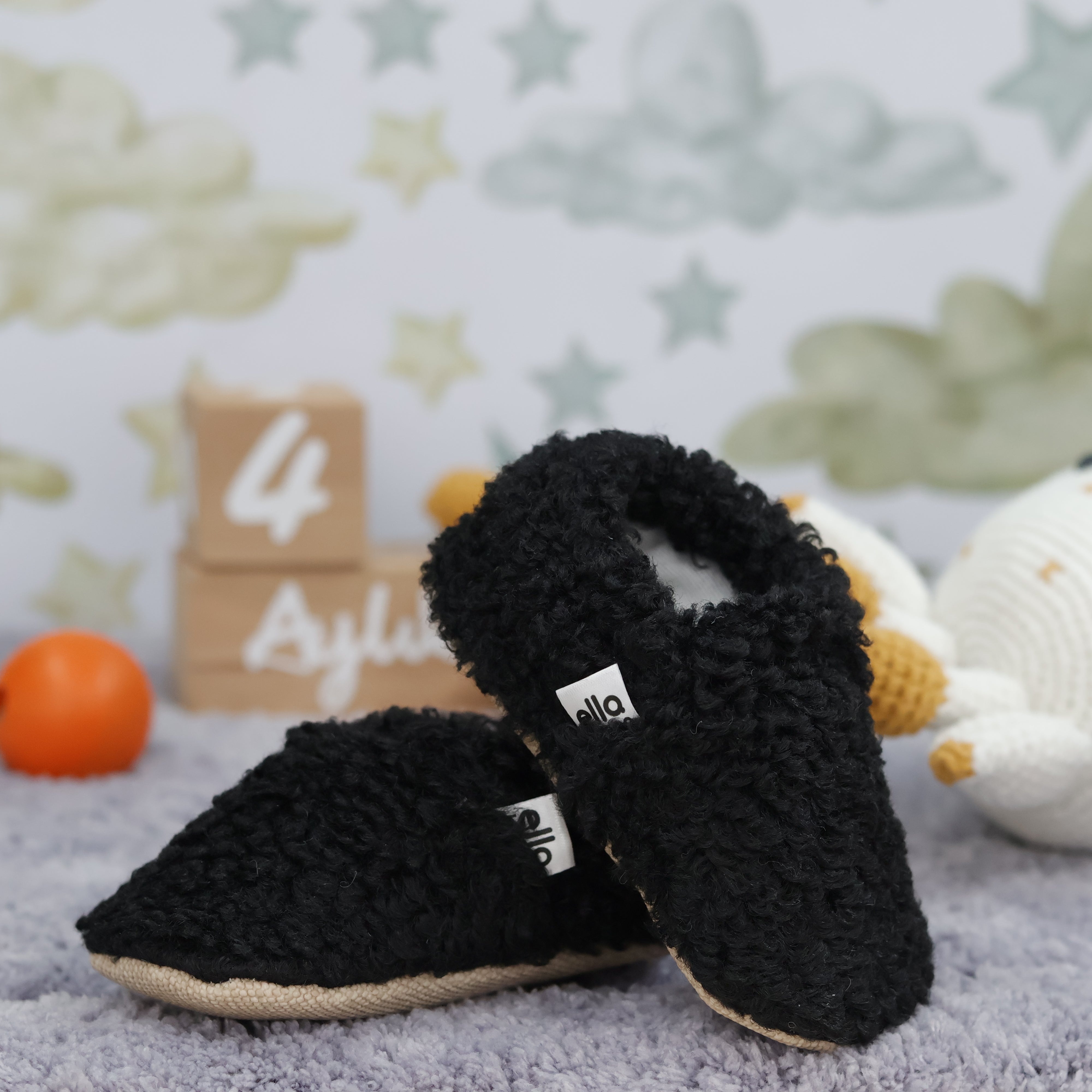 Teddy Baby Booties House Slippers, Non-slip Sole, Organic Cotton Lining, Home Nursery Shoes, Black