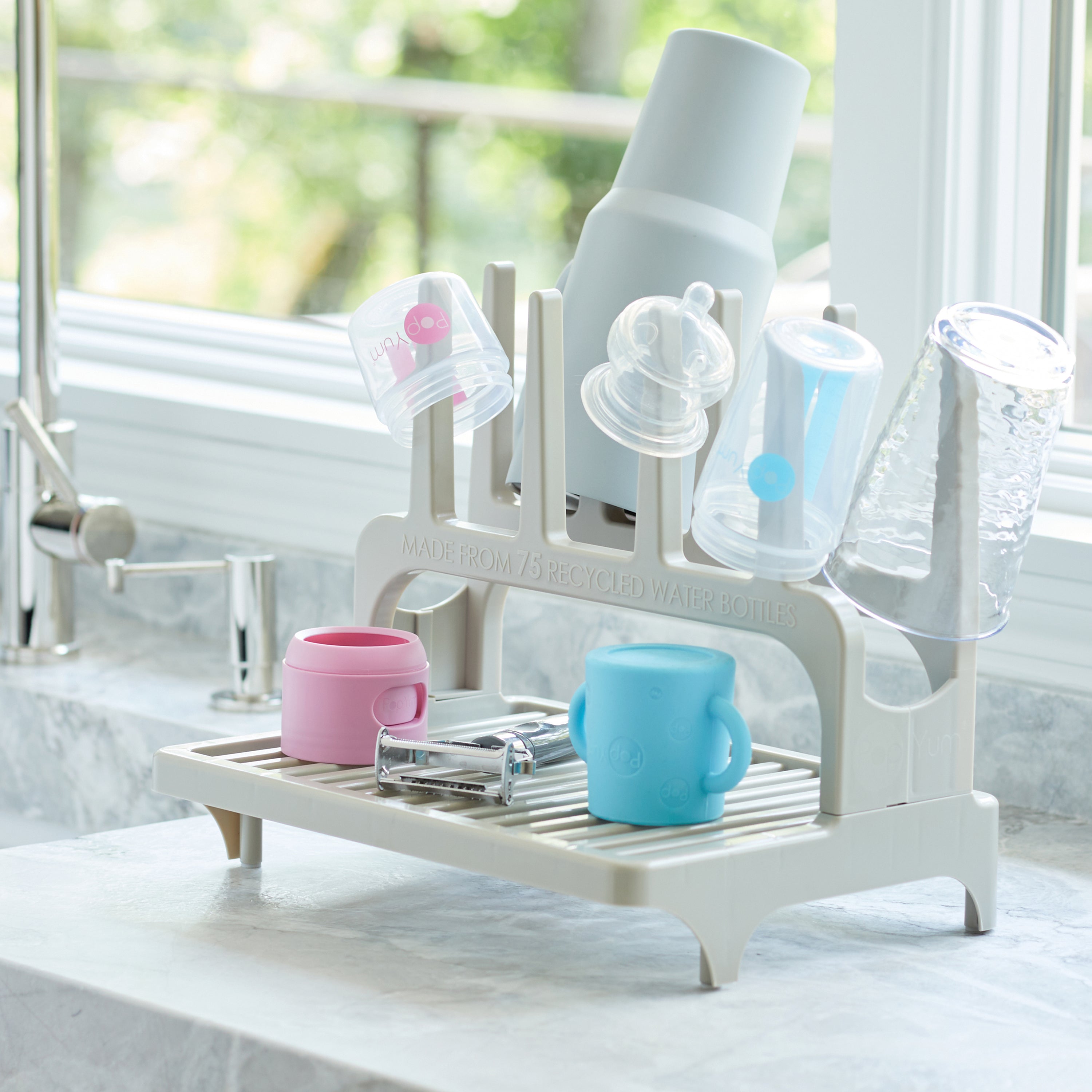 Popyum Orange Formula Making Baby Bottle Set 4-pack With Gray Drying Rack Bundle
