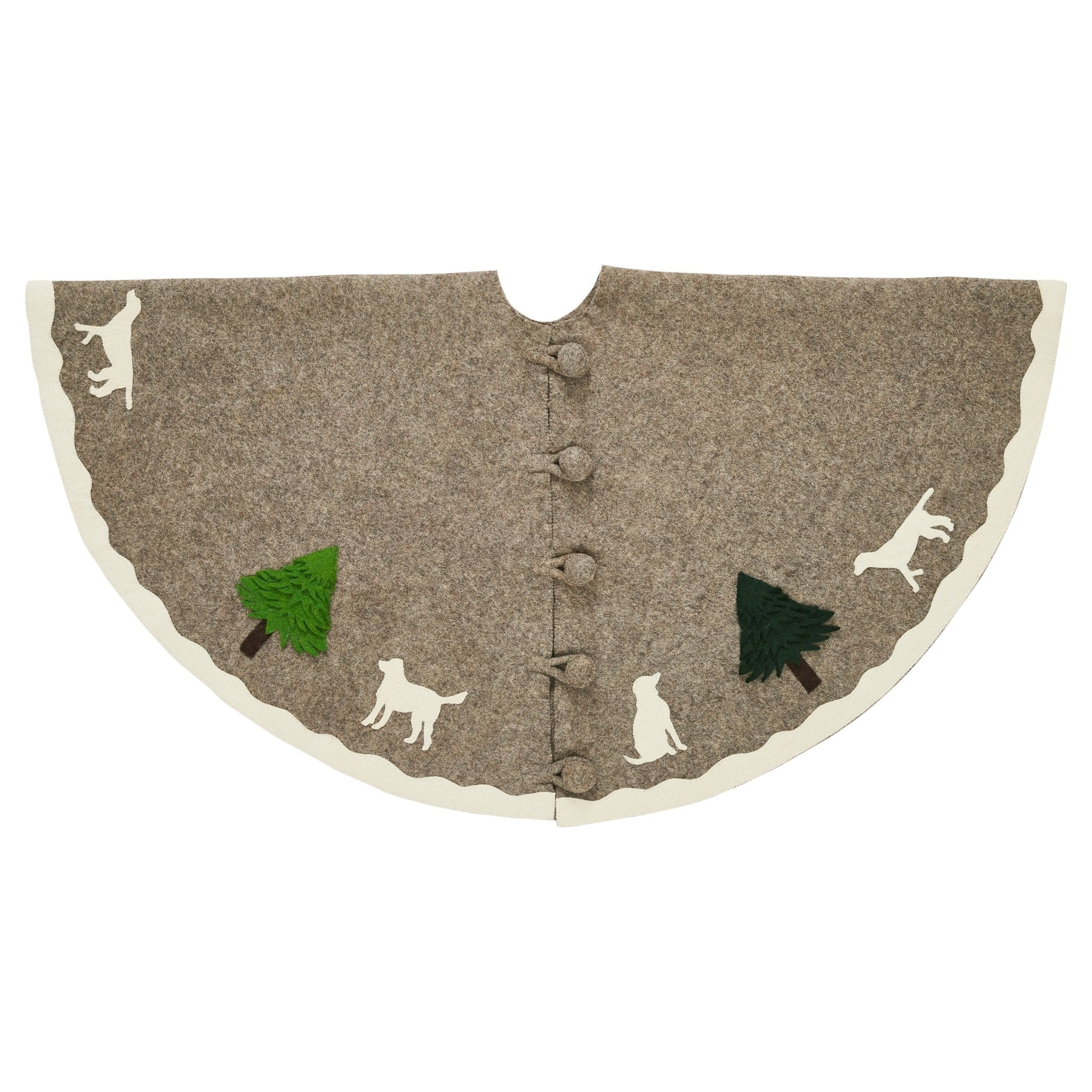 72" Cream Dogs And Green Trees Christmas Tree Skirt On Gray In Hand Felted Wool