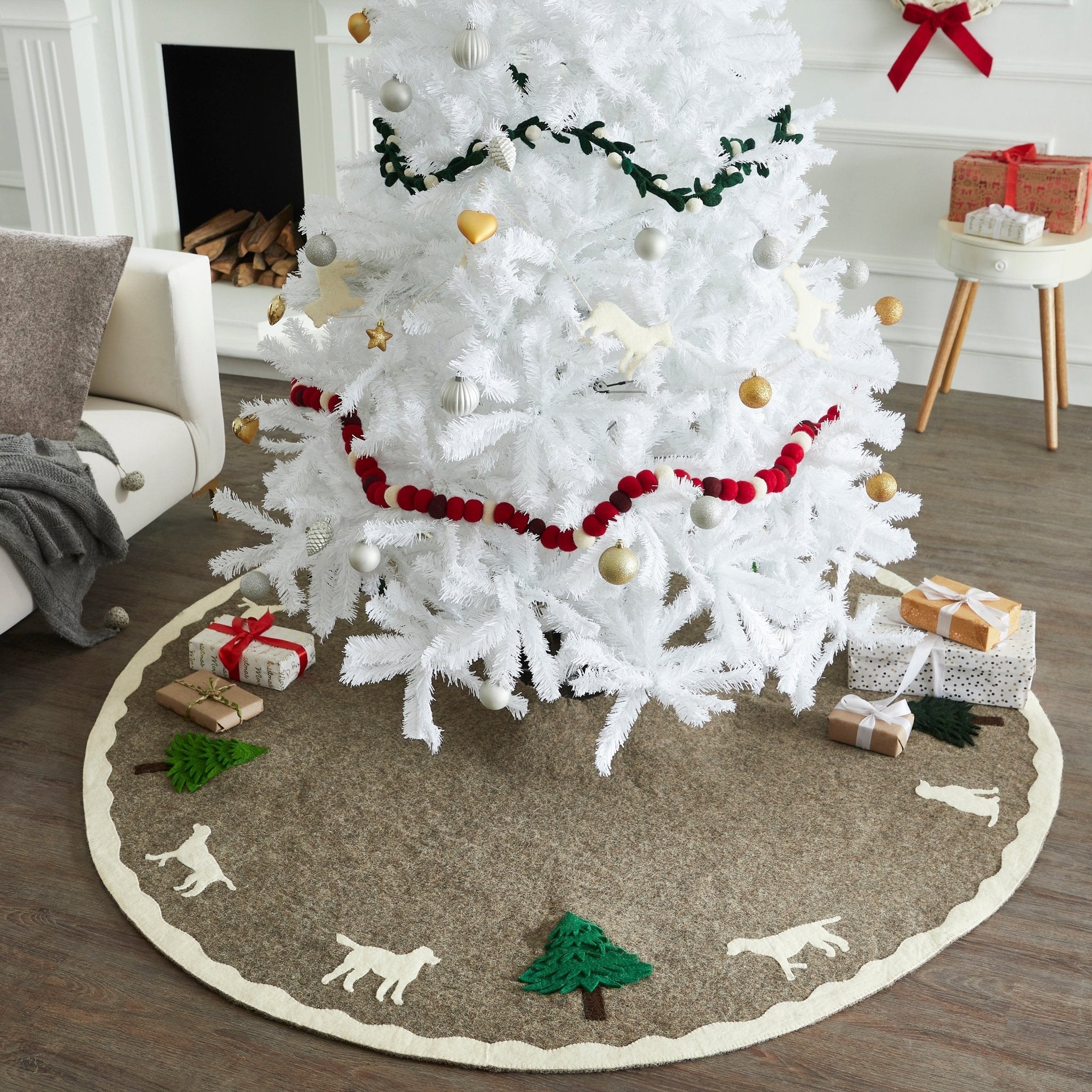 72" Cream Dogs And Green Trees Christmas Tree Skirt On Gray In Hand Felted Wool