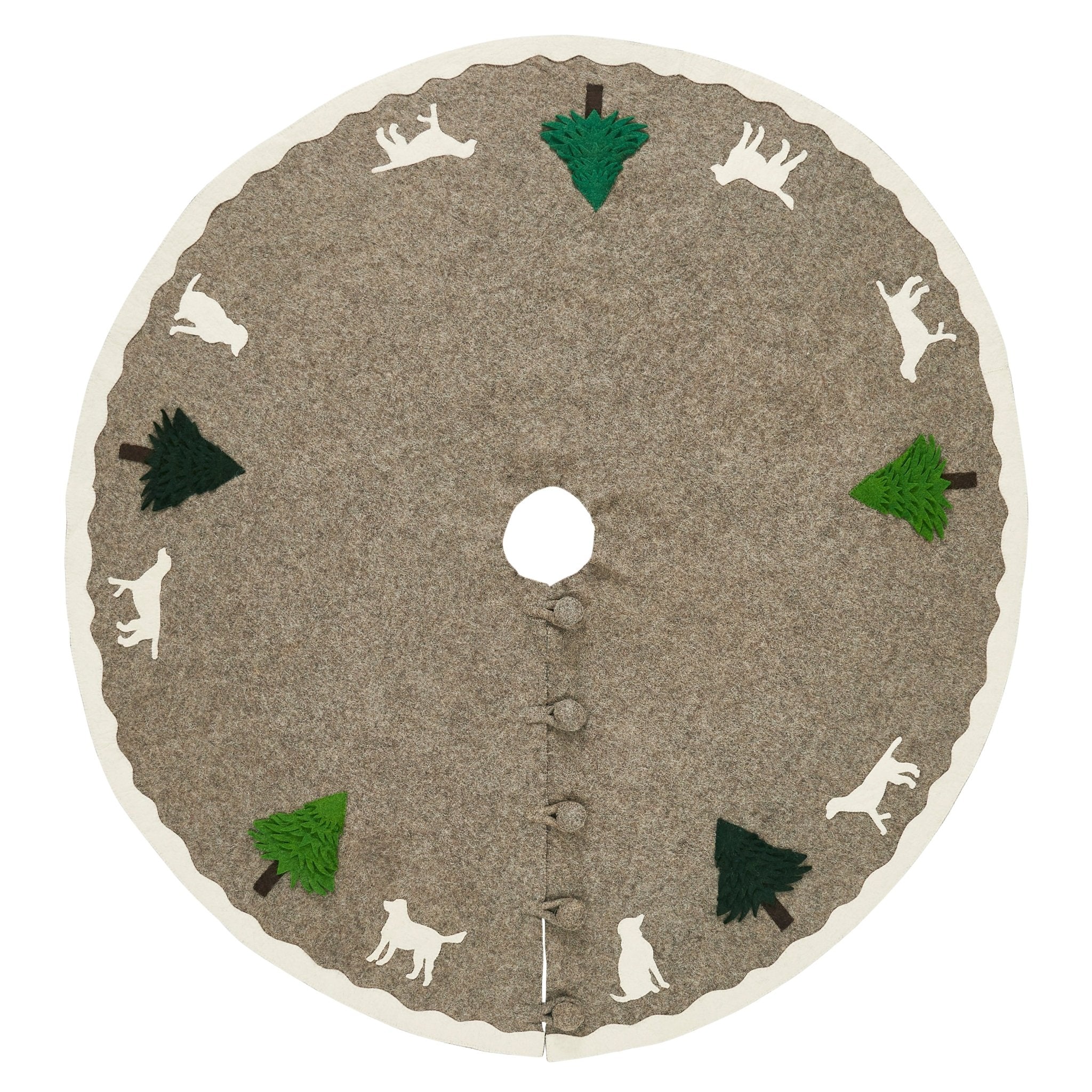 72" Cream Dogs And Green Trees Christmas Tree Skirt On Gray In Hand Felted Wool
