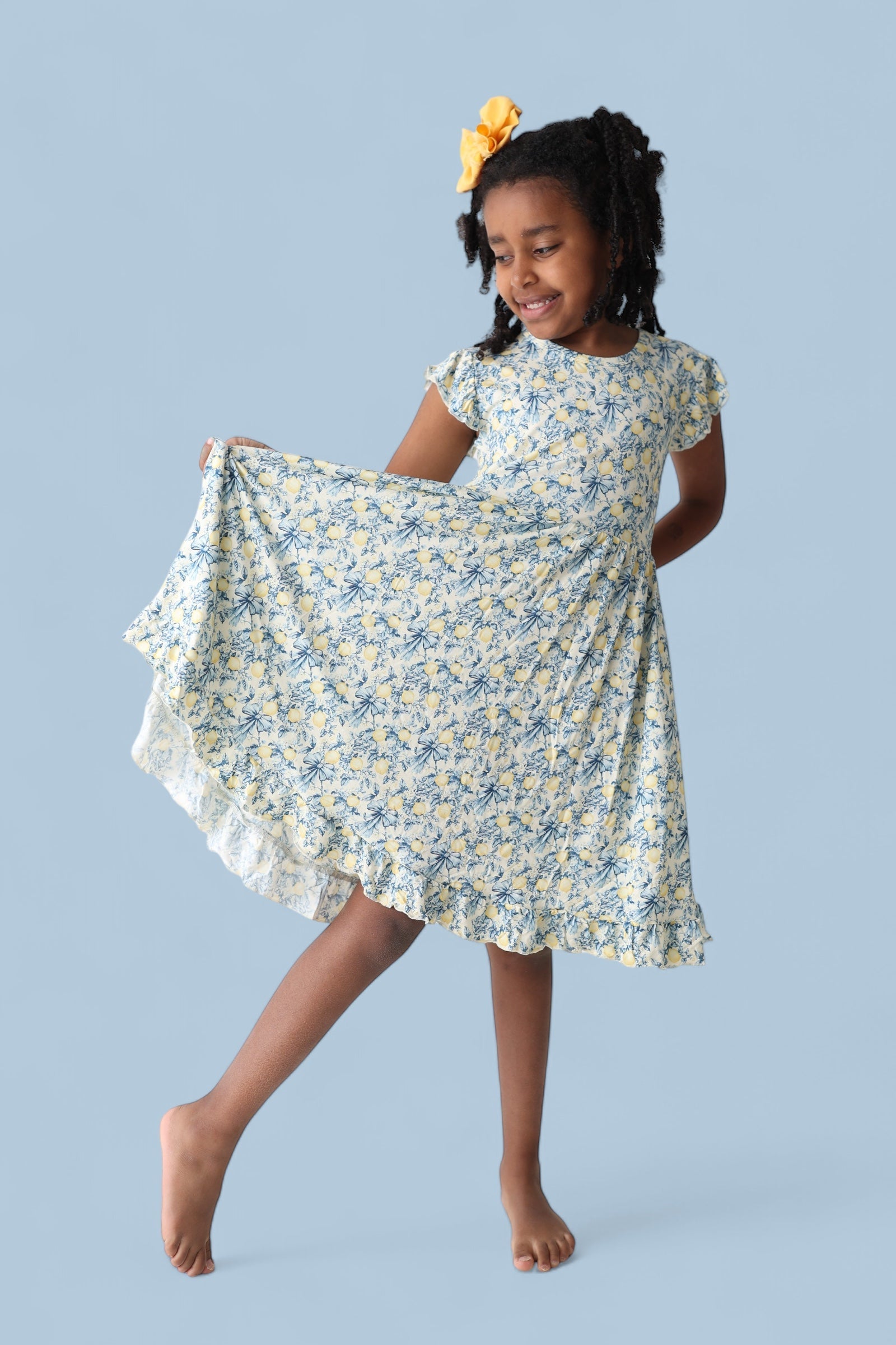 Vintage Citrus Toile Cap Sleeve Dream Ruffle Dress