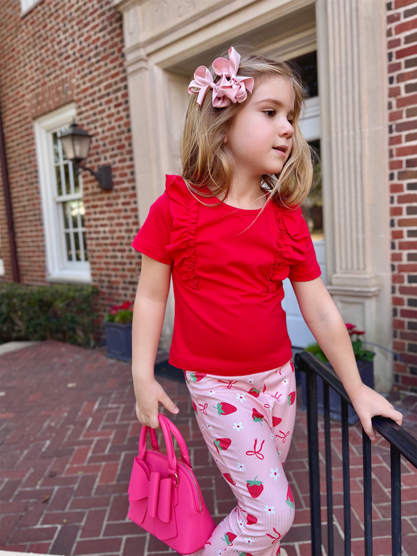 Strawberry Bow Girls Ruffle Top And Bell Bottoms Set