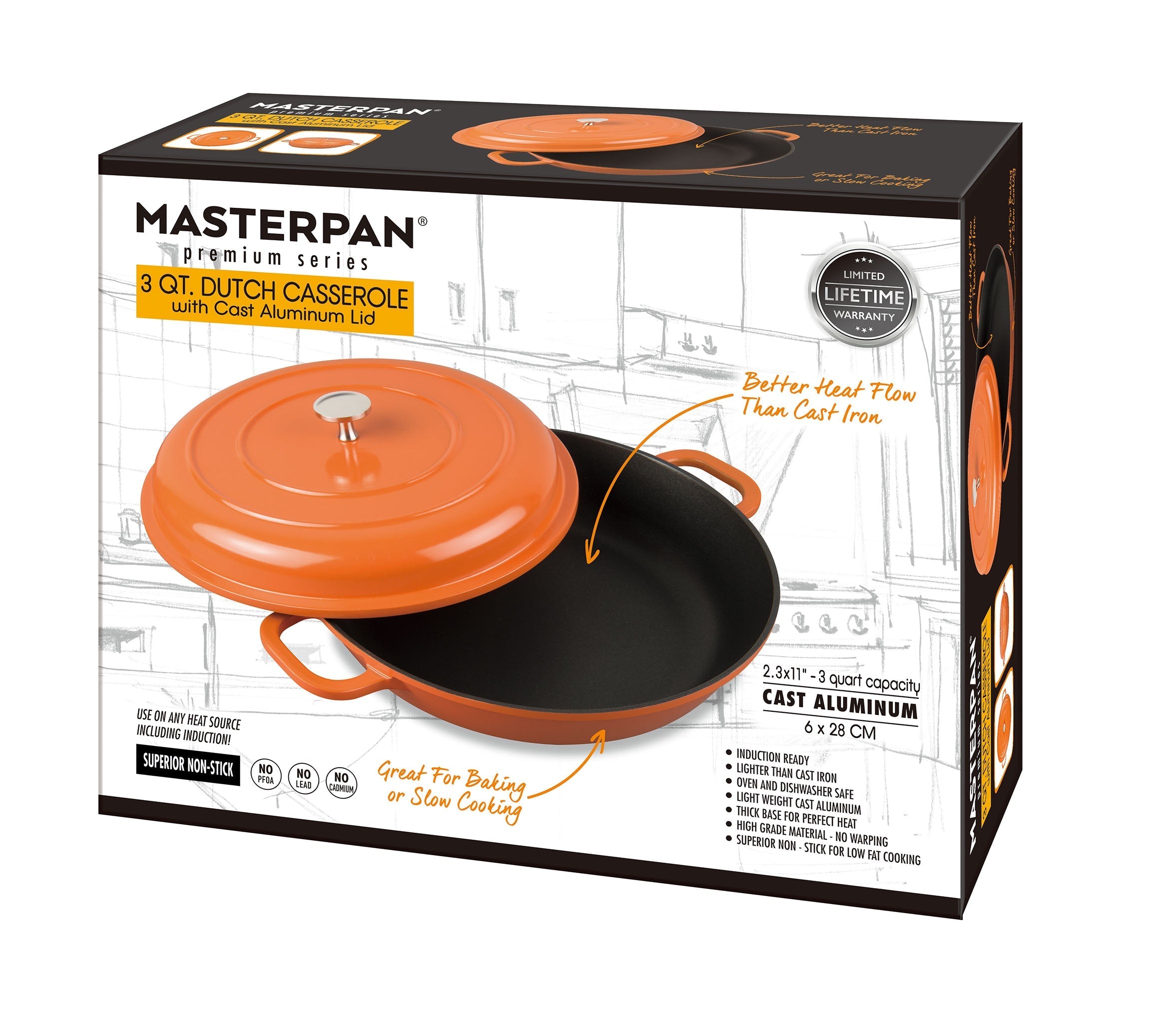 Masterpan Nonstick Dutch Casserole, Orange 3 Qt. 11" (28cm)