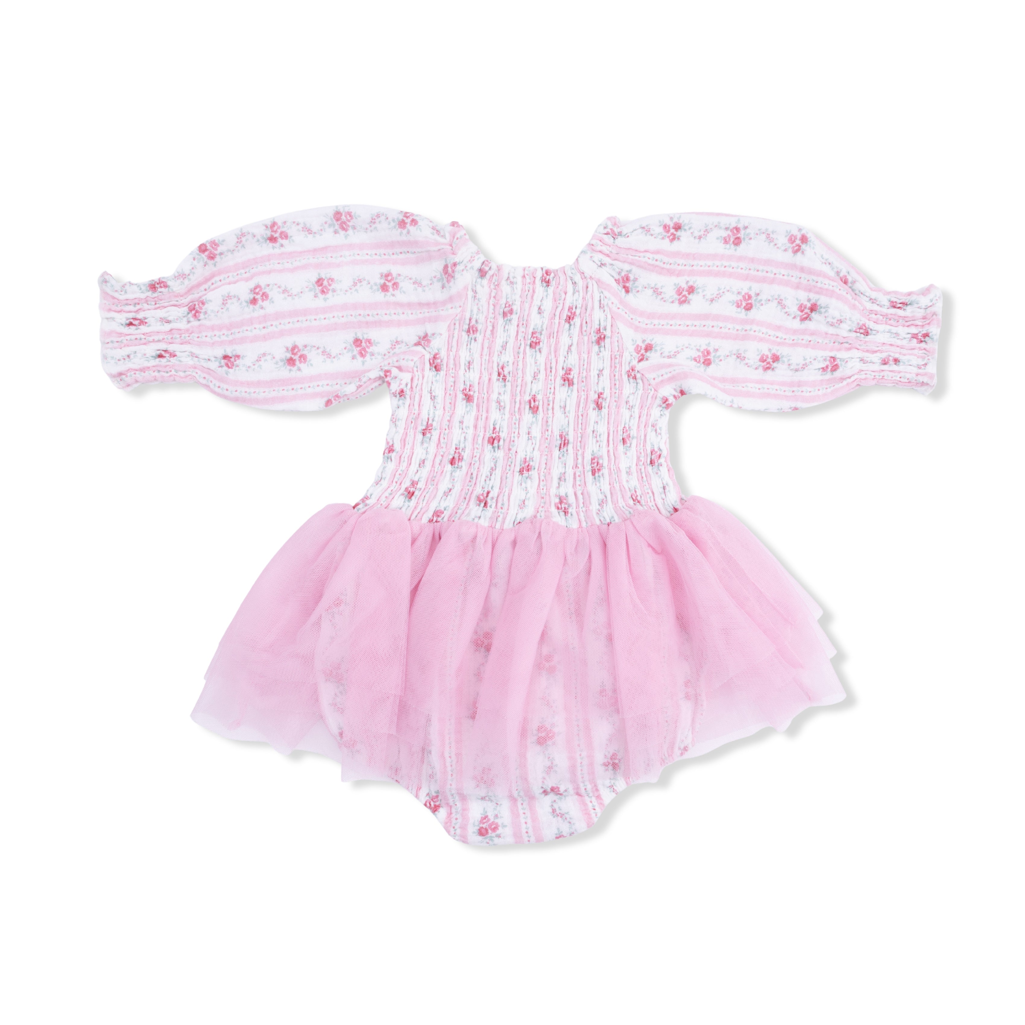 Winding Roses Stripe - Long Sleeve Smocked Bubble With Tutu