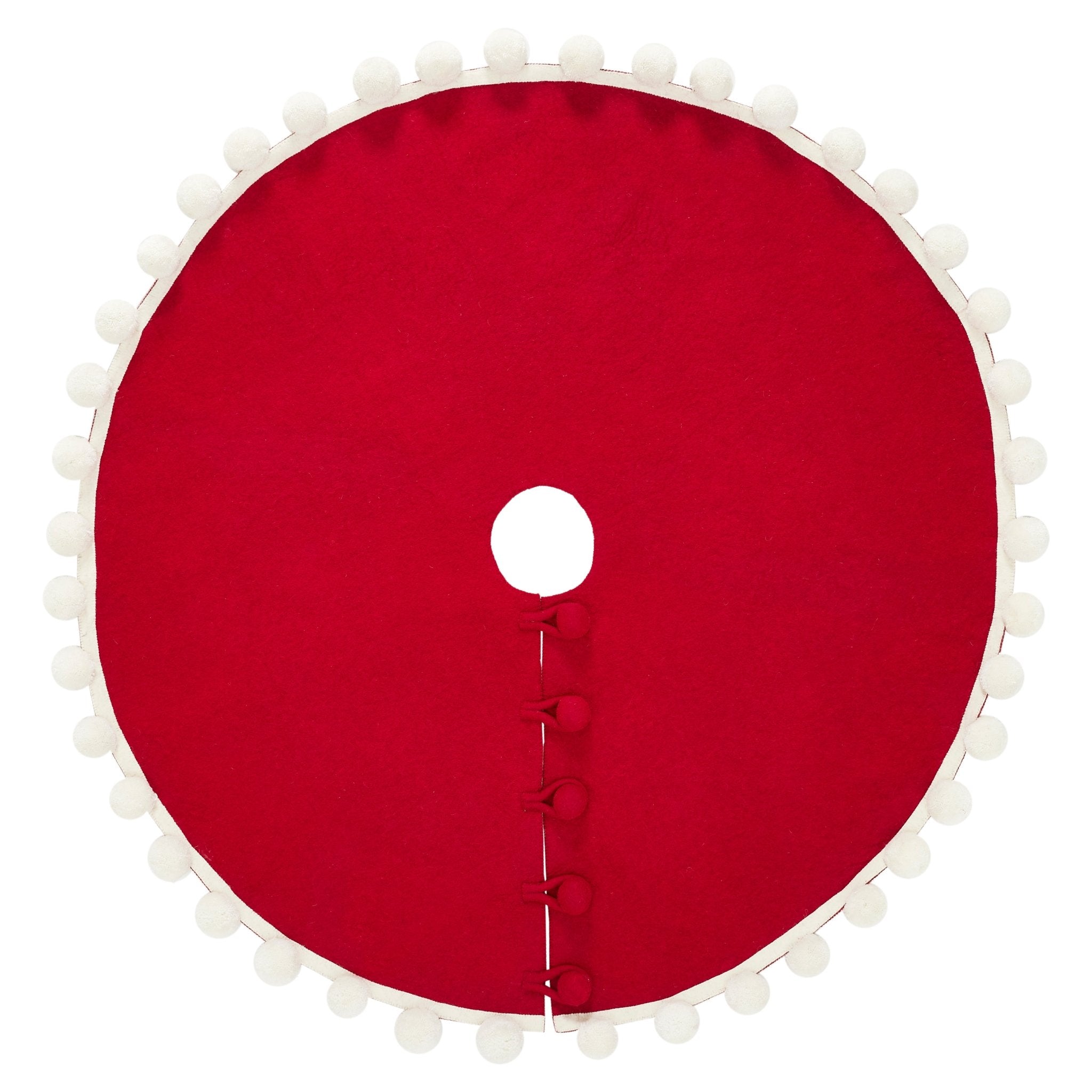72" Handmade Christmas Tree Skirt In Felt - Pom Poms On Red