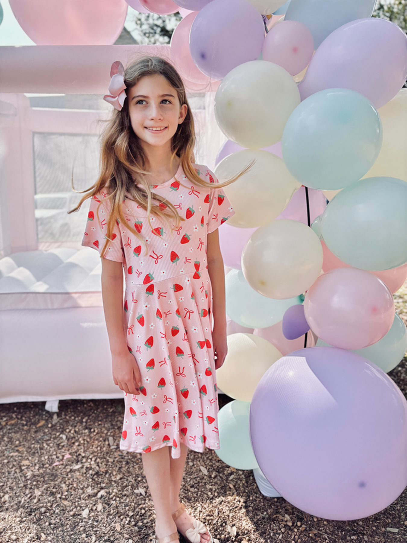 Strawberry Bow Girls Short Sleeves Dress