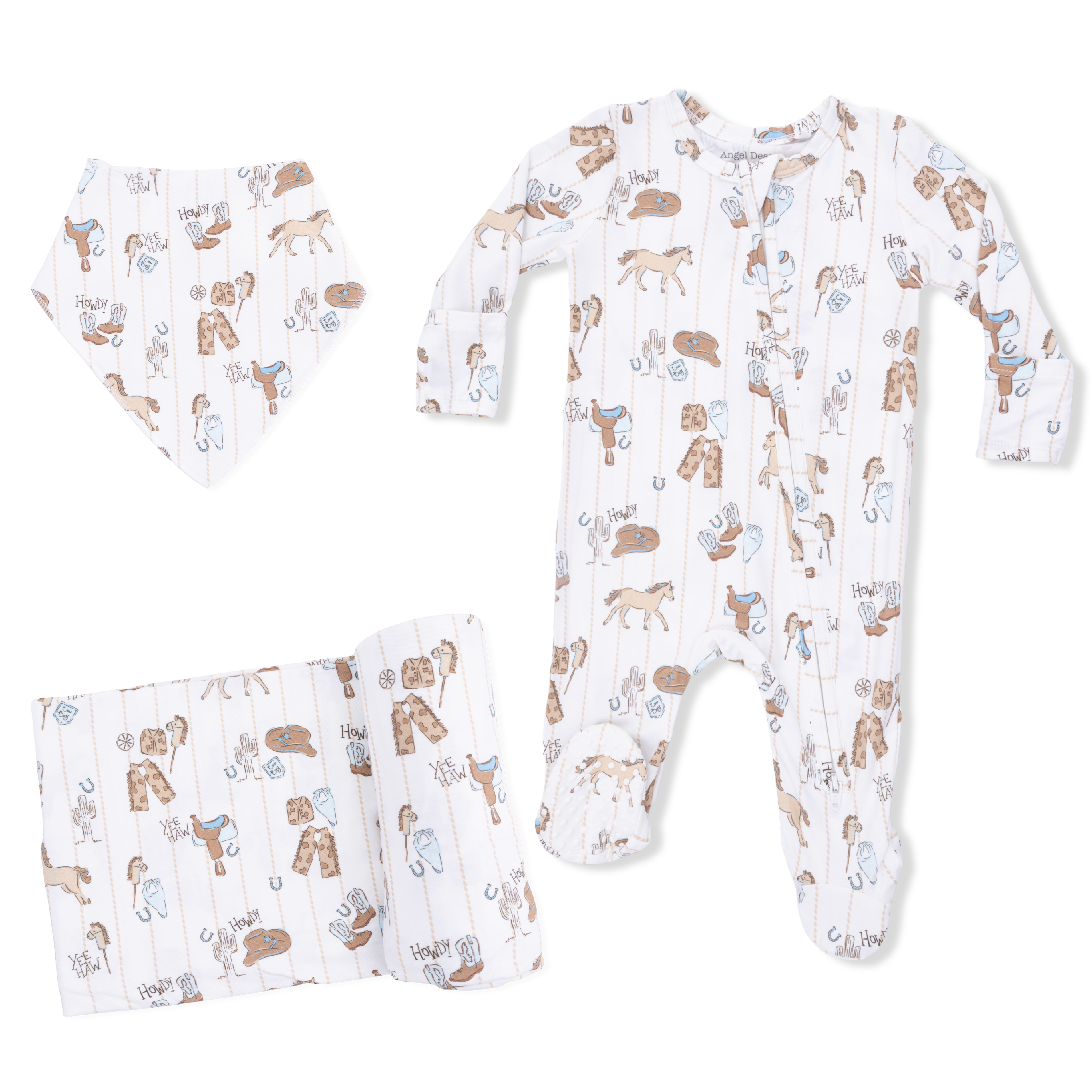 Cowboy Nursery - 2 Way Zipper Footie, Bandana Bib, & Swaddle Blanket Set