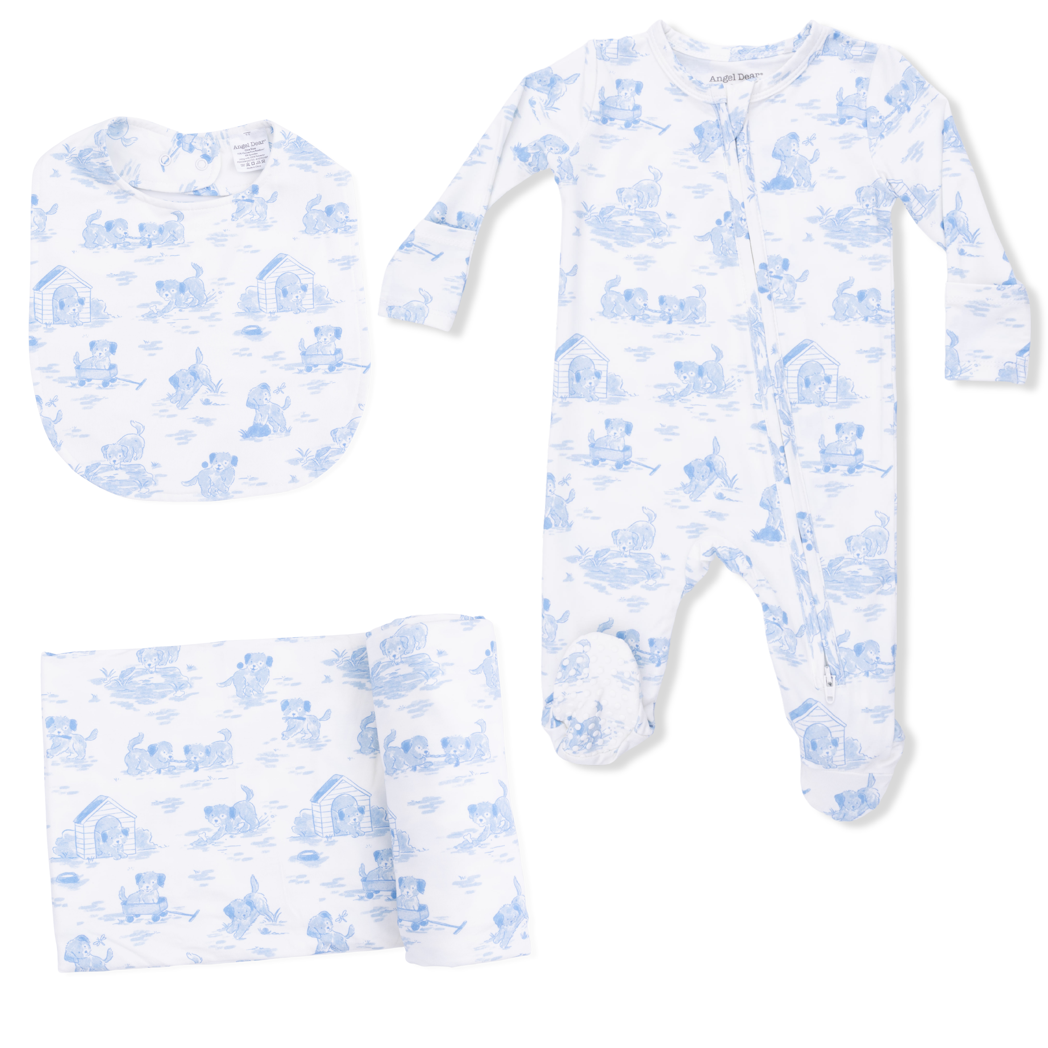 Puppy Toile Blue - 2 Way Zipper Footie, Swaddle & Bandana Bib Set