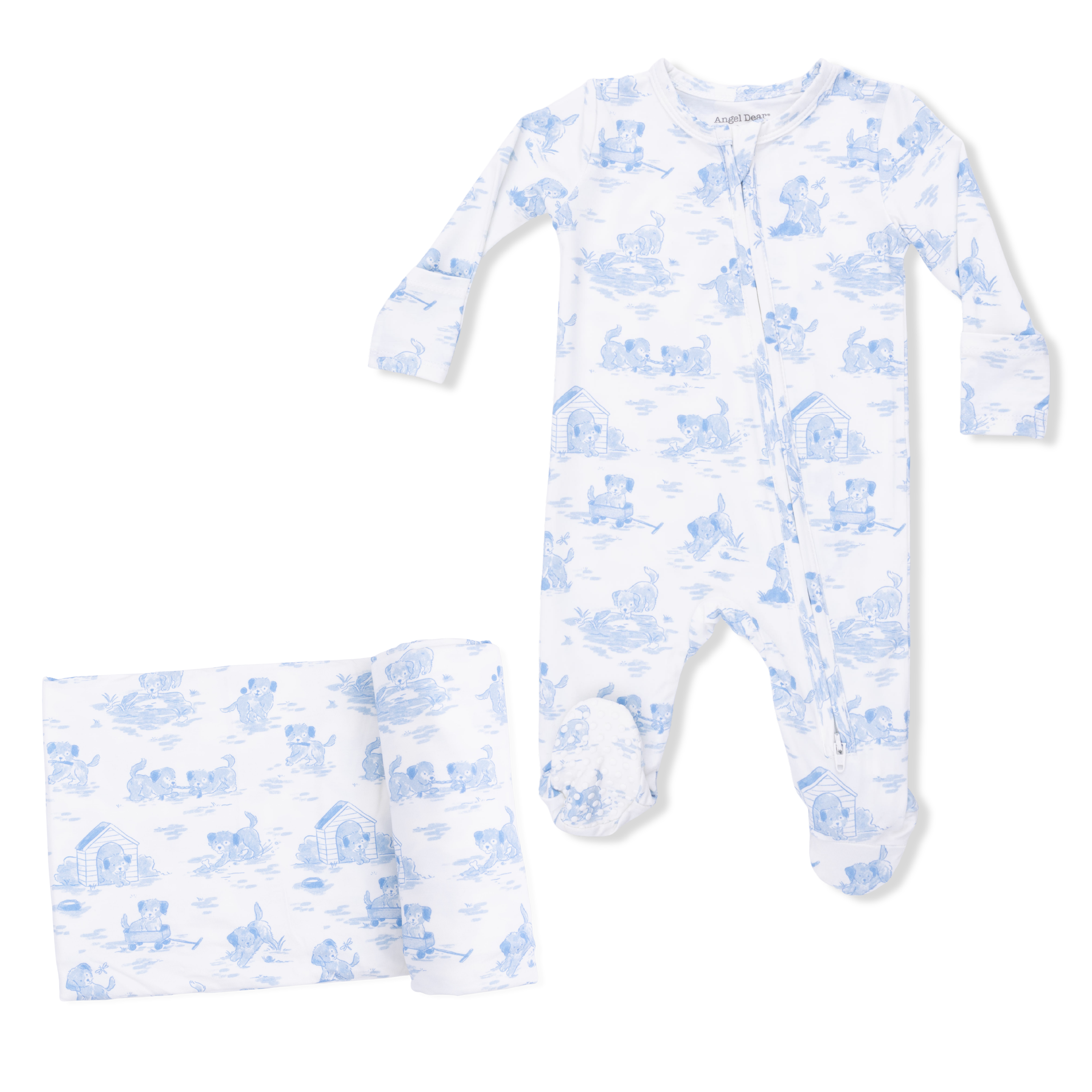 Puppy Toile Blue - 2 Way Zipper Footie & Swaddle Blanket Set
