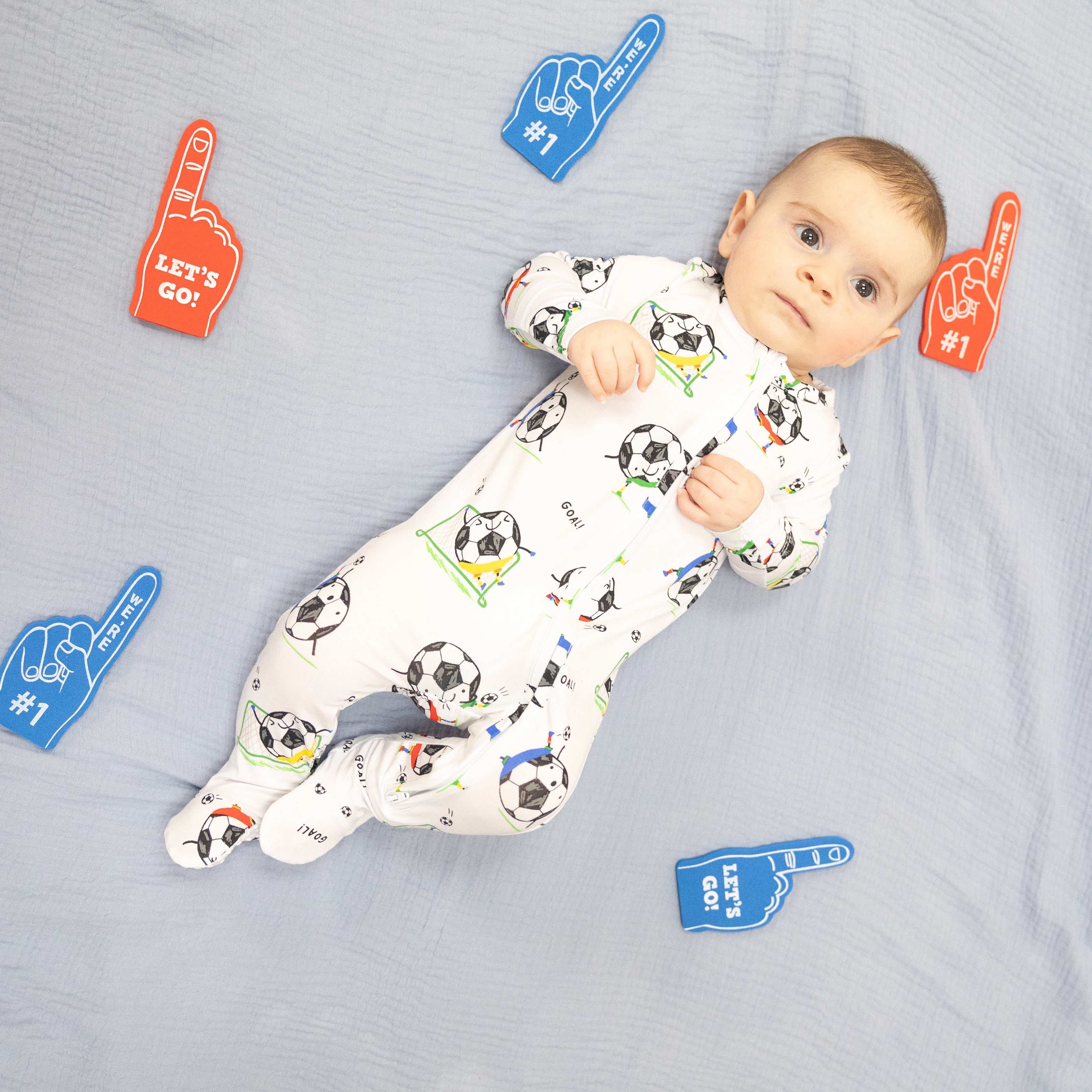 Soccer Balls Playing Soccer Blue - 2 Way Zipper Footie