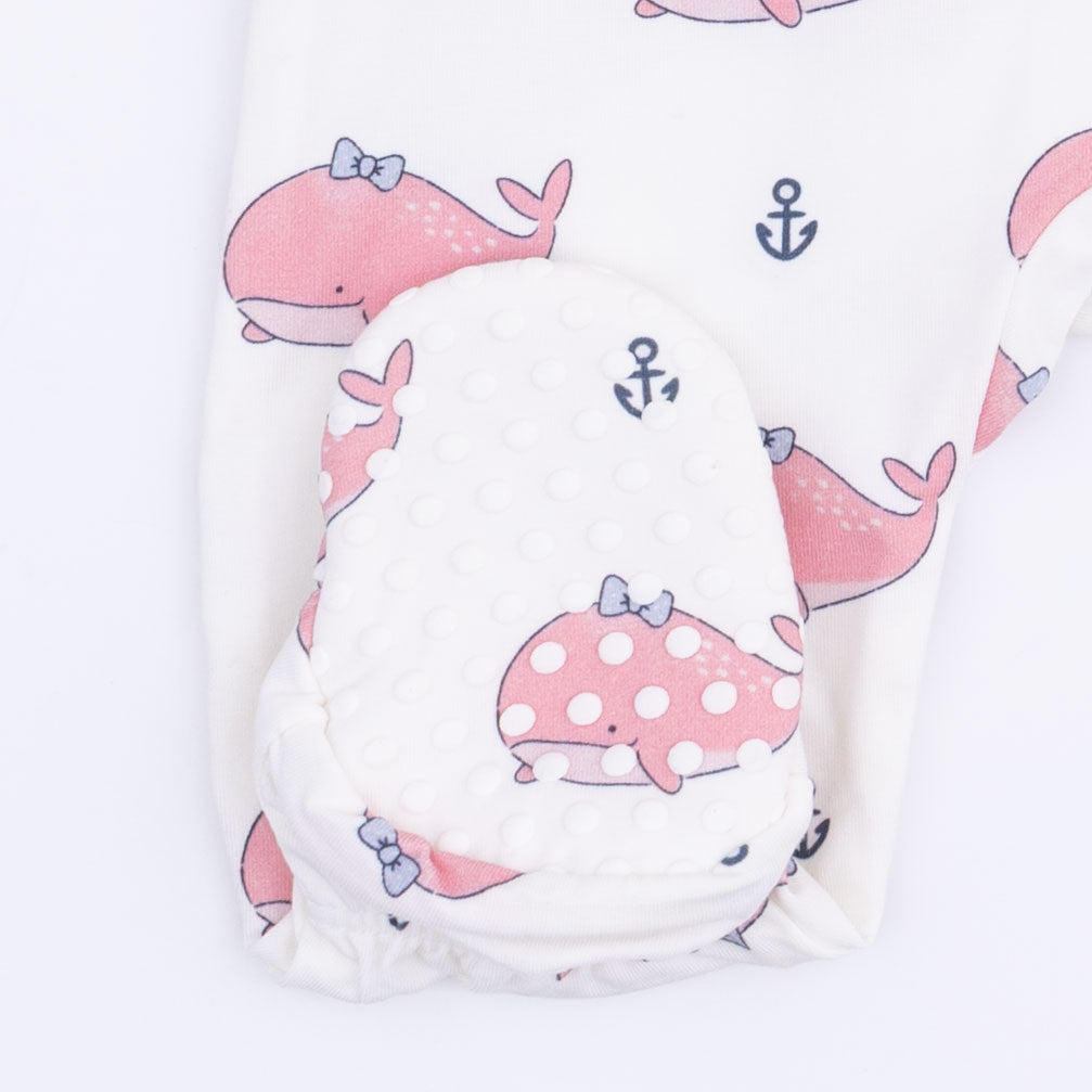 Bubbly Whale With Bow Pink - 2 Way Ruffle Back Zipper Footie