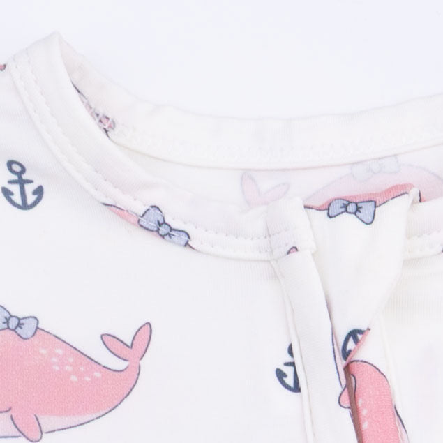 Bubbly Whale With Bow Pink - 2 Way Ruffle Back Zipper Footie