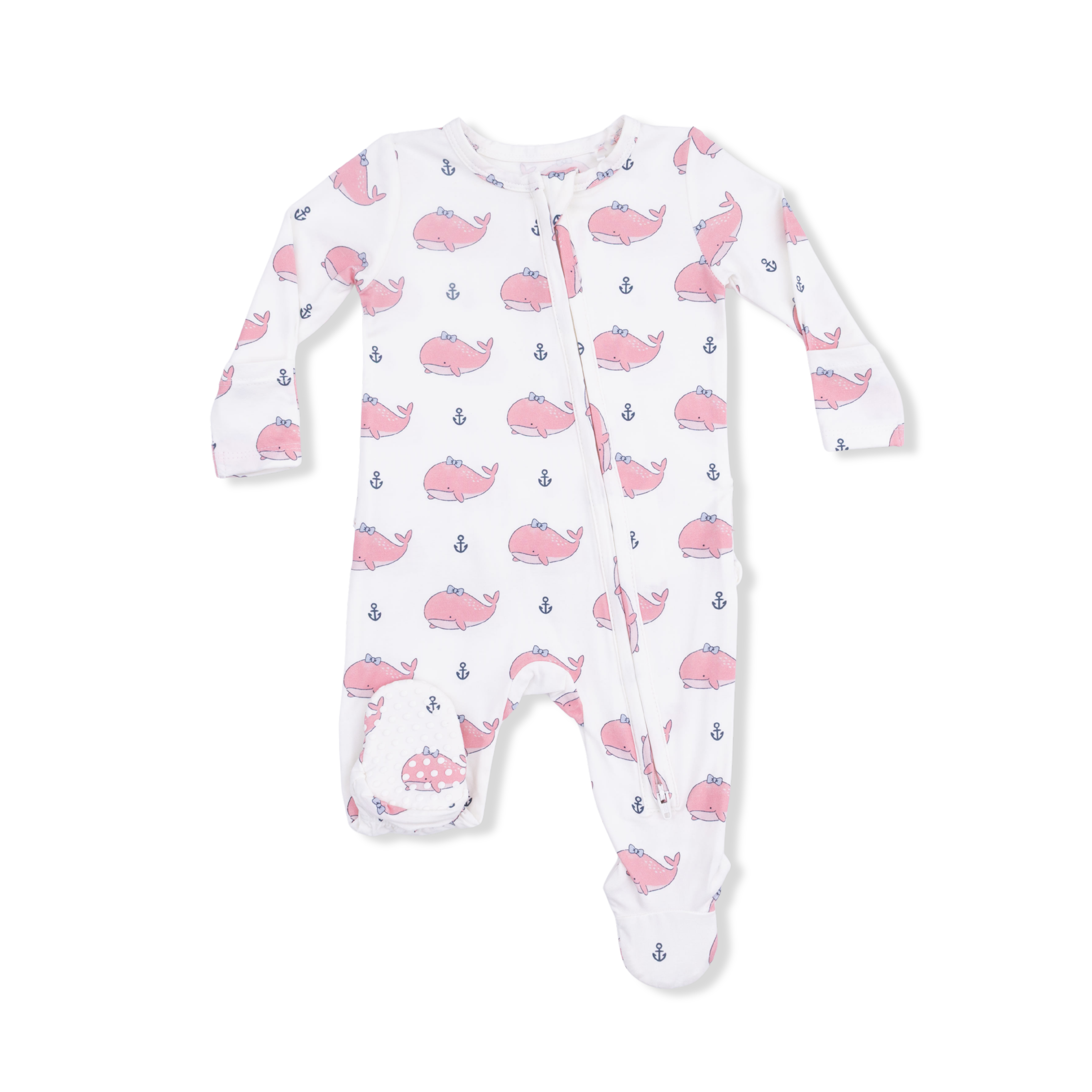 Bubbly Whale With Bow Pink - 2 Way Ruffle Back Zipper Footie