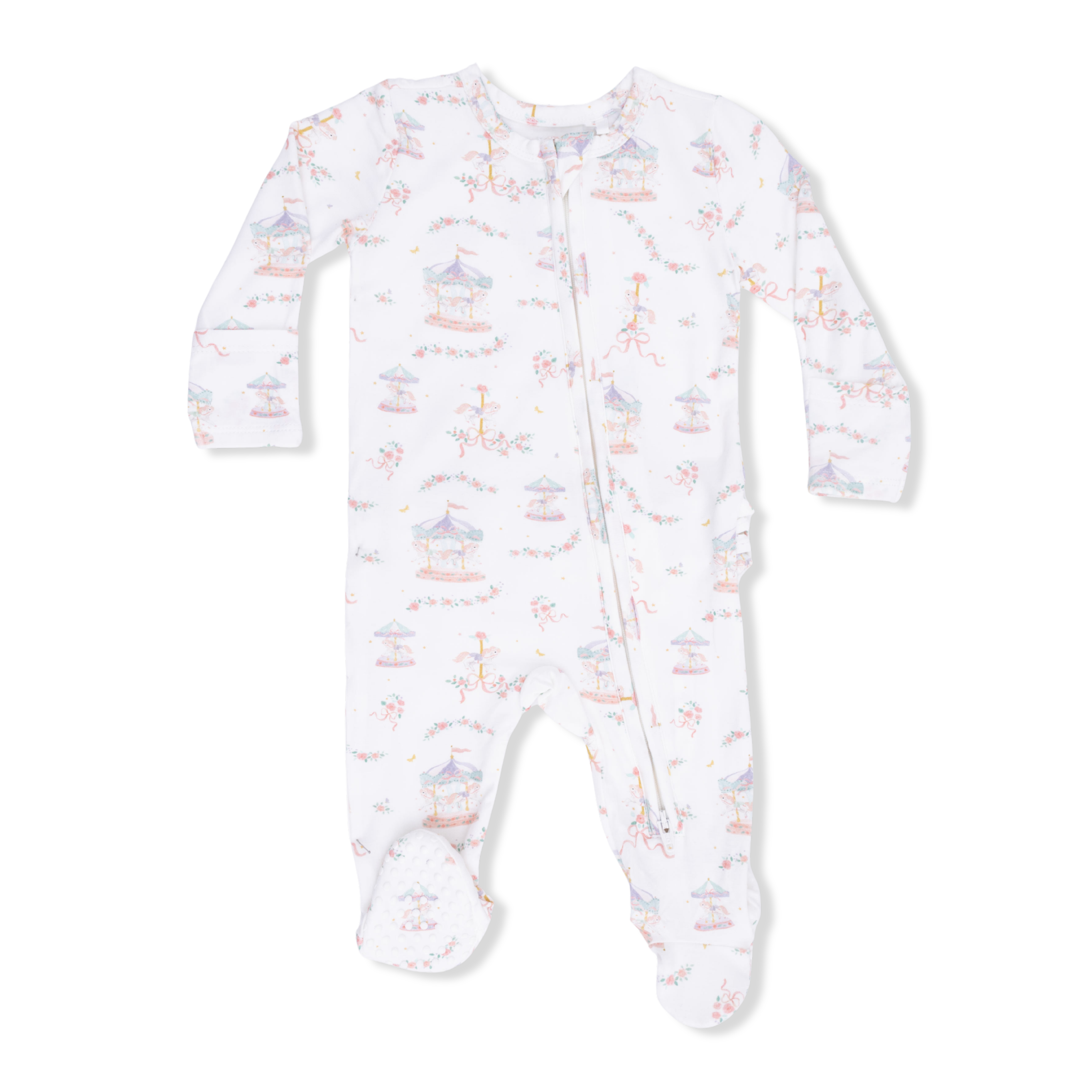 Carousel With Bows - 2 Way Ruffle Back Zipper Footie, Headband, & Swaddle Blanket Set