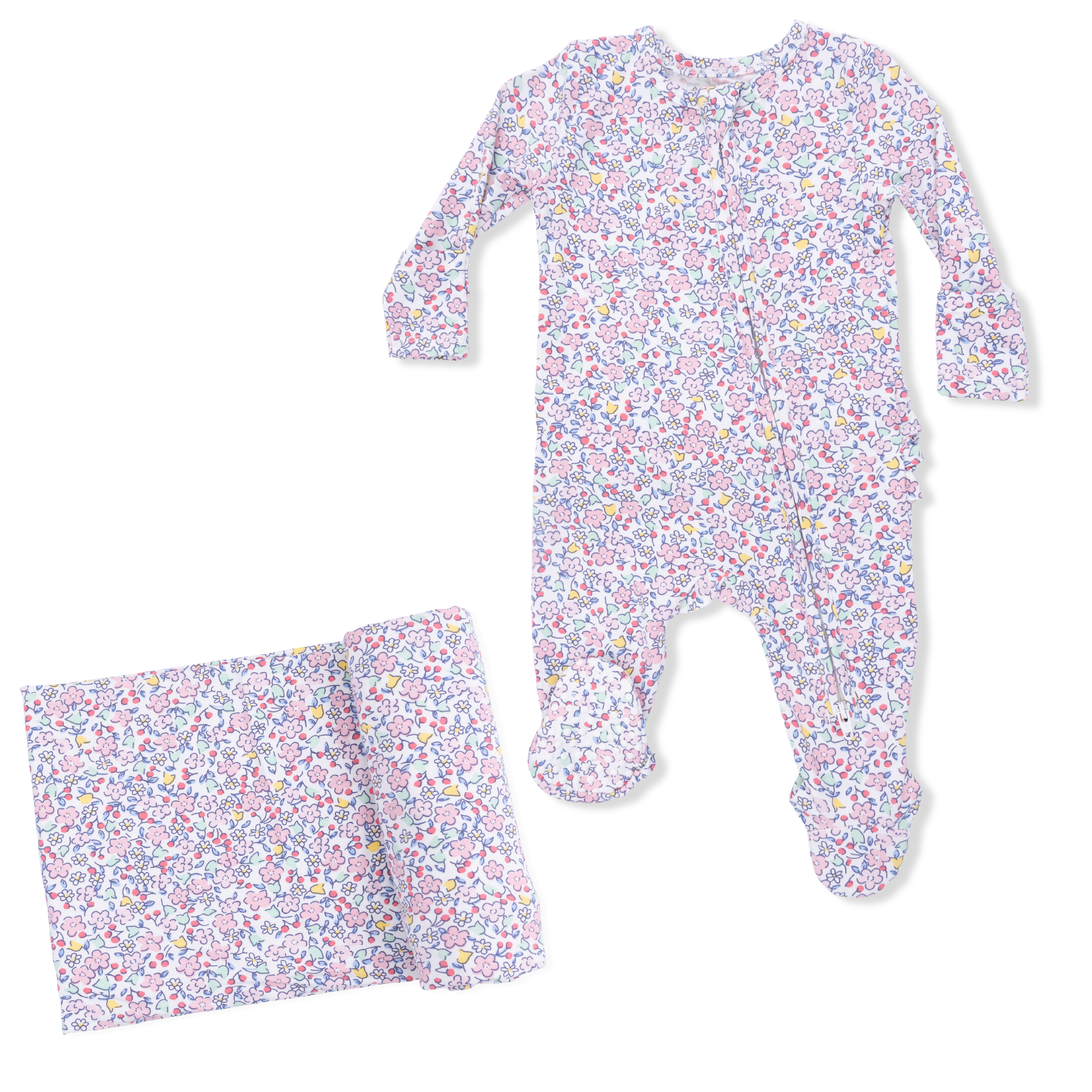 Elizabeth's Garden -2 Way Ruffle Back Zipper Footie & Swaddle Blanket Set