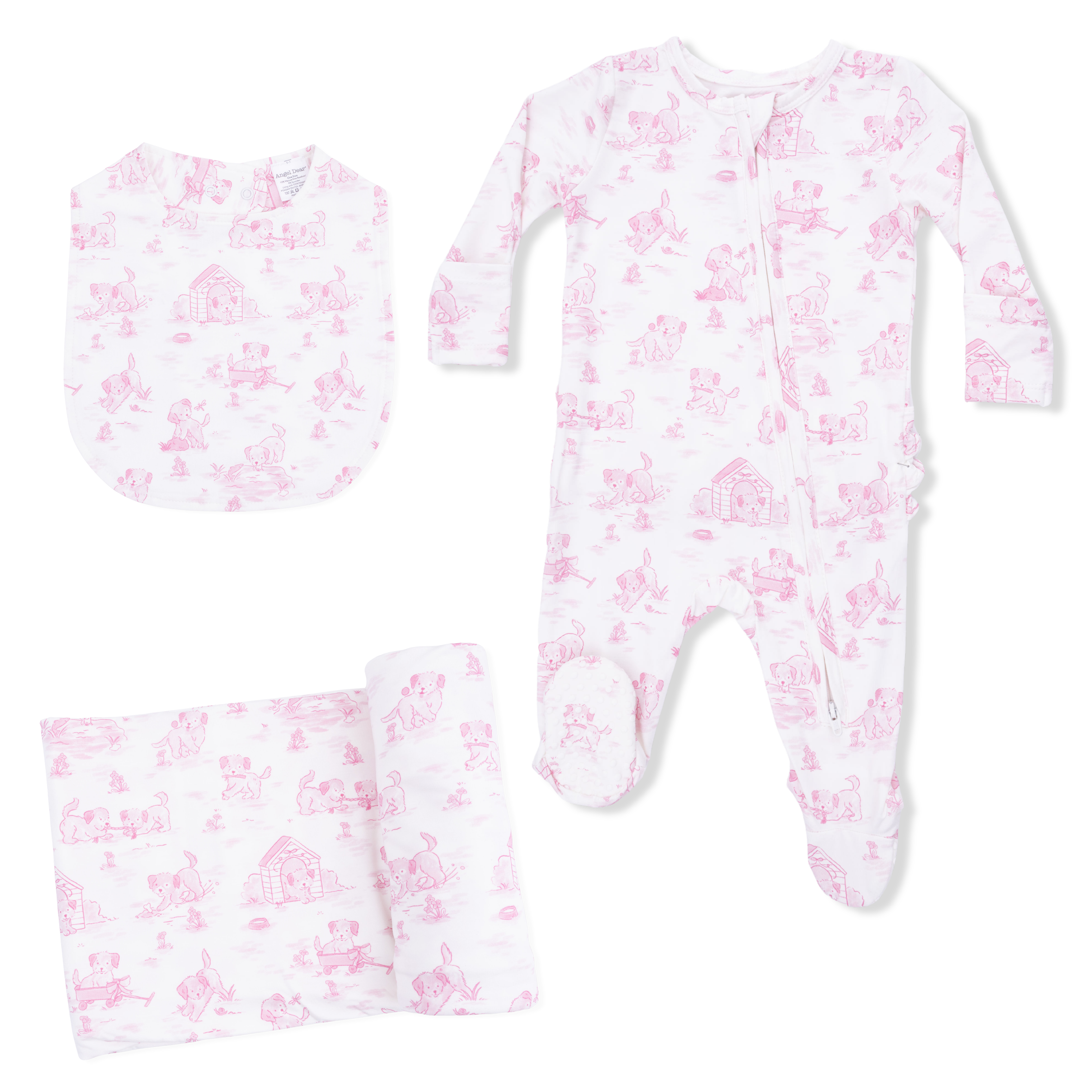 Puppy Toile Pink - 2 Way Ruffle Back Zipper Footie With Bandana Bib, And Swaddle Blanket Set