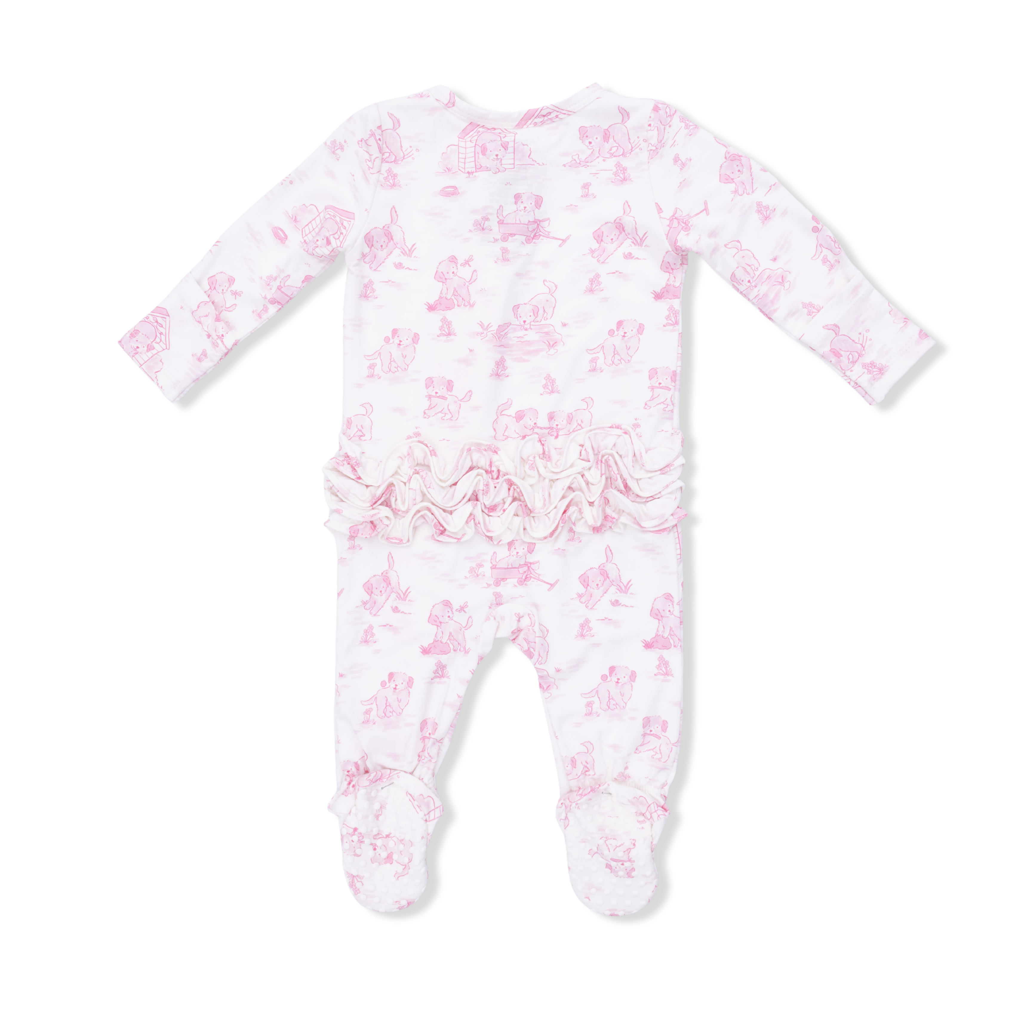 Puppy Toile Pink - 2 Way Ruffle Back Zipper Footie