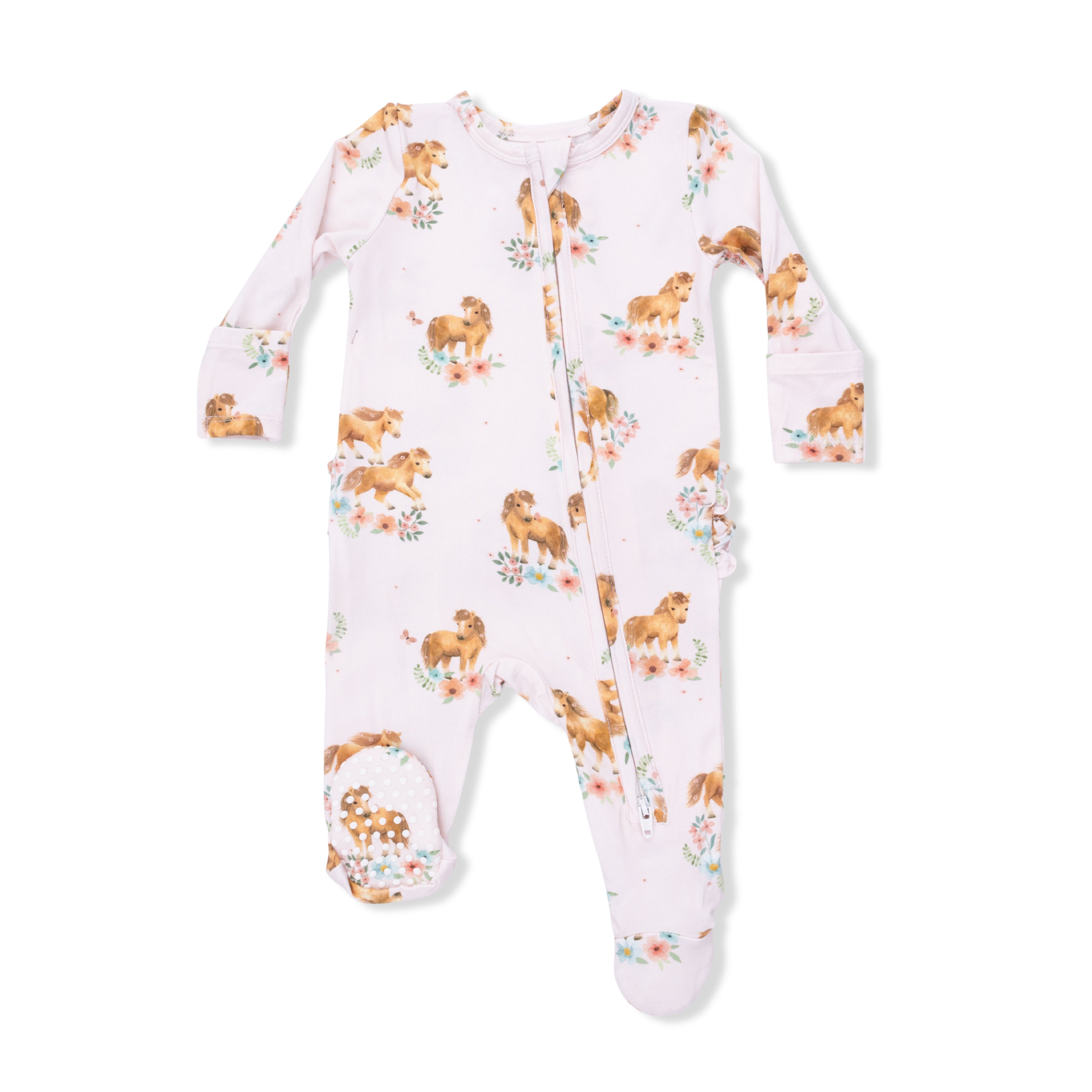 Pink Ponies - 2 Way Ruffle Back Zipper Footie