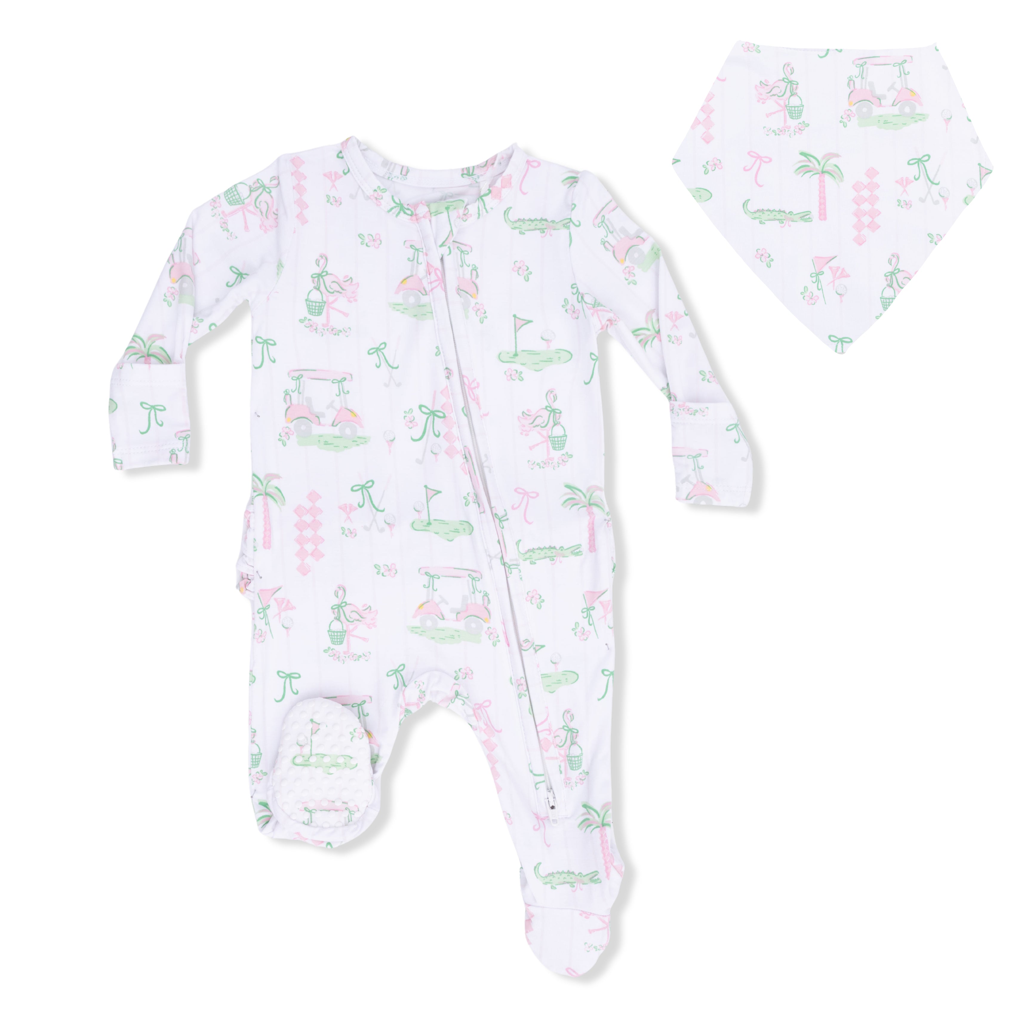 Pretty Golf - 2 Way Ruffle Back Zipper Footie & Bandana Bib Set