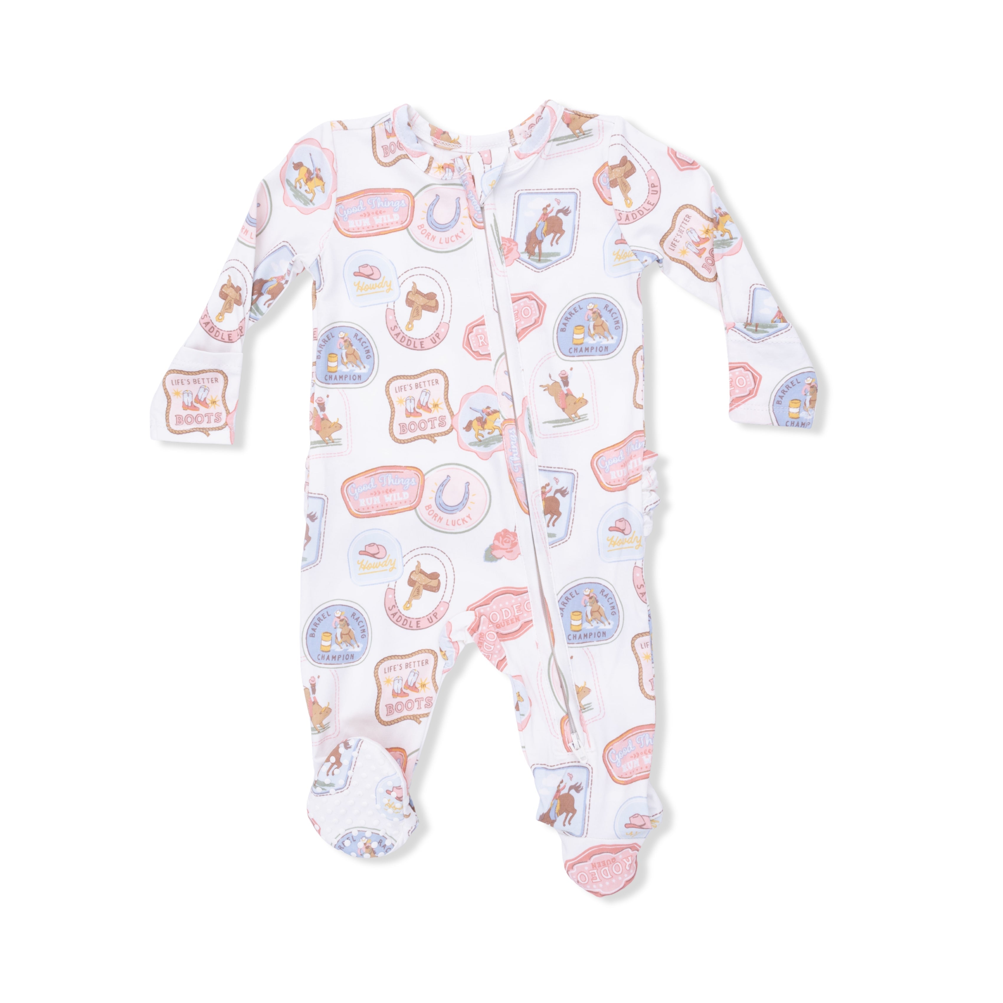 Rodeo Patches Pink - 2 Way Ruffle Back Zipper Footie