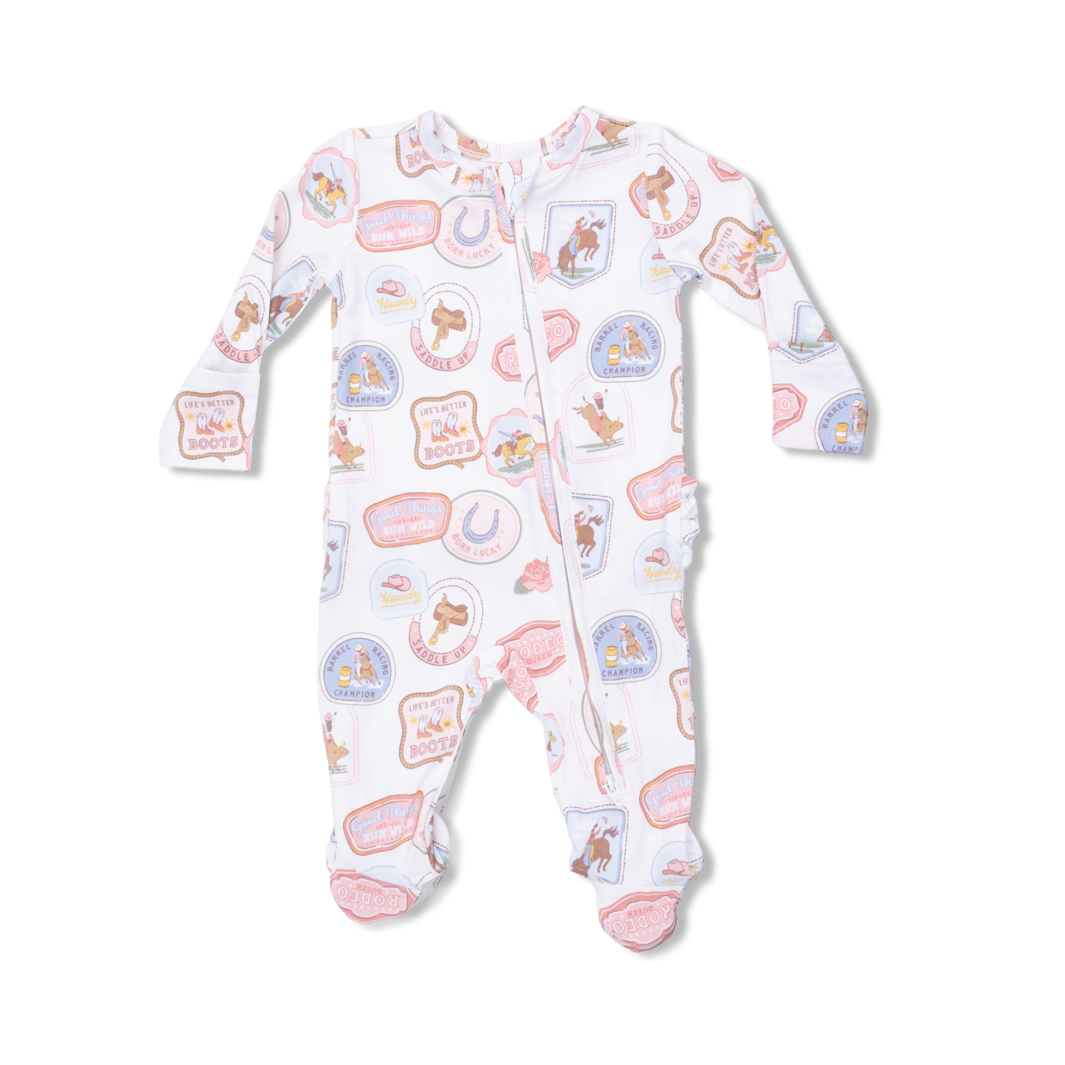 Rodeo Patches Pink - 2 Way Ruffle Back Zipper Footie