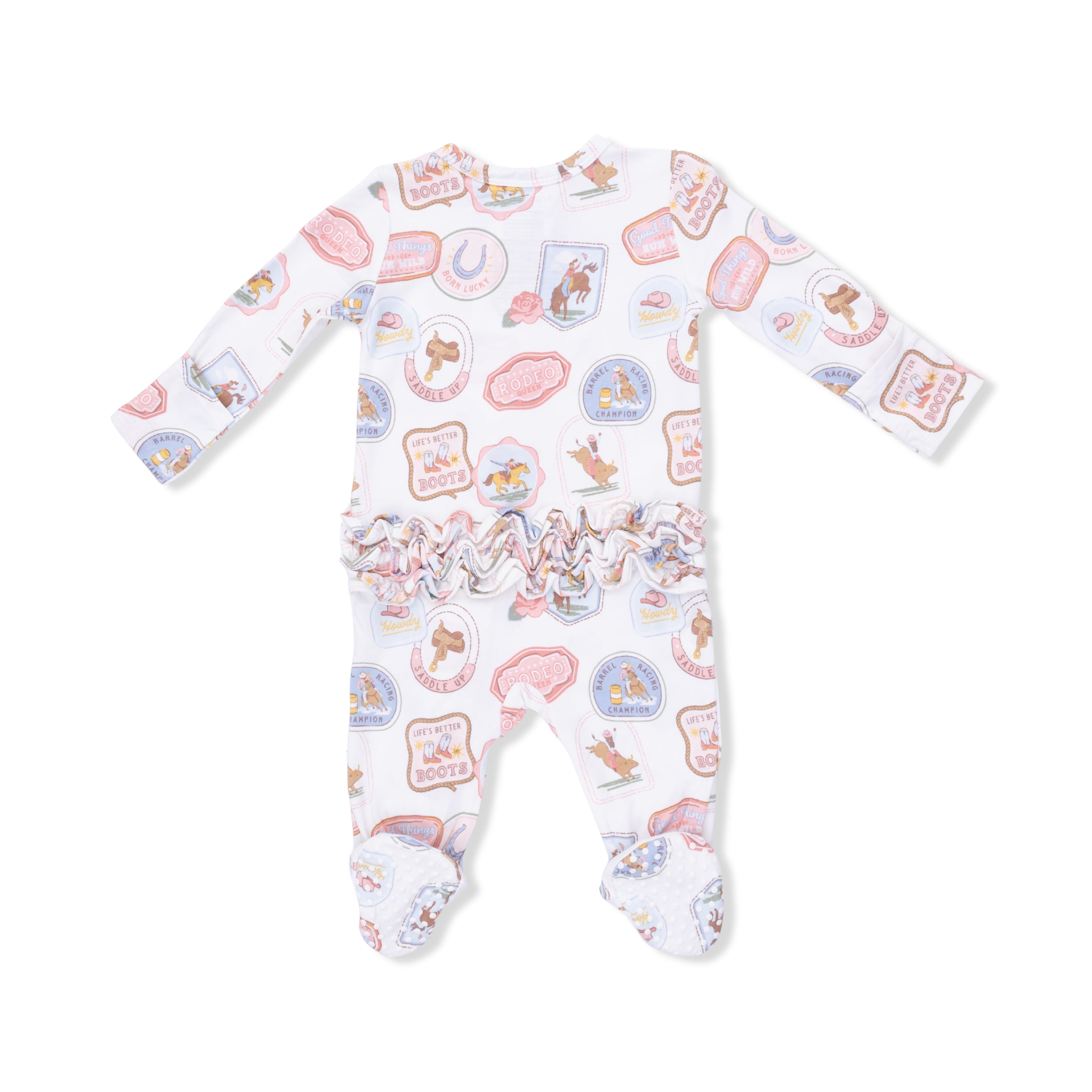 Rodeo Patches Pink - 2 Way Ruffle Back Zipper Footie