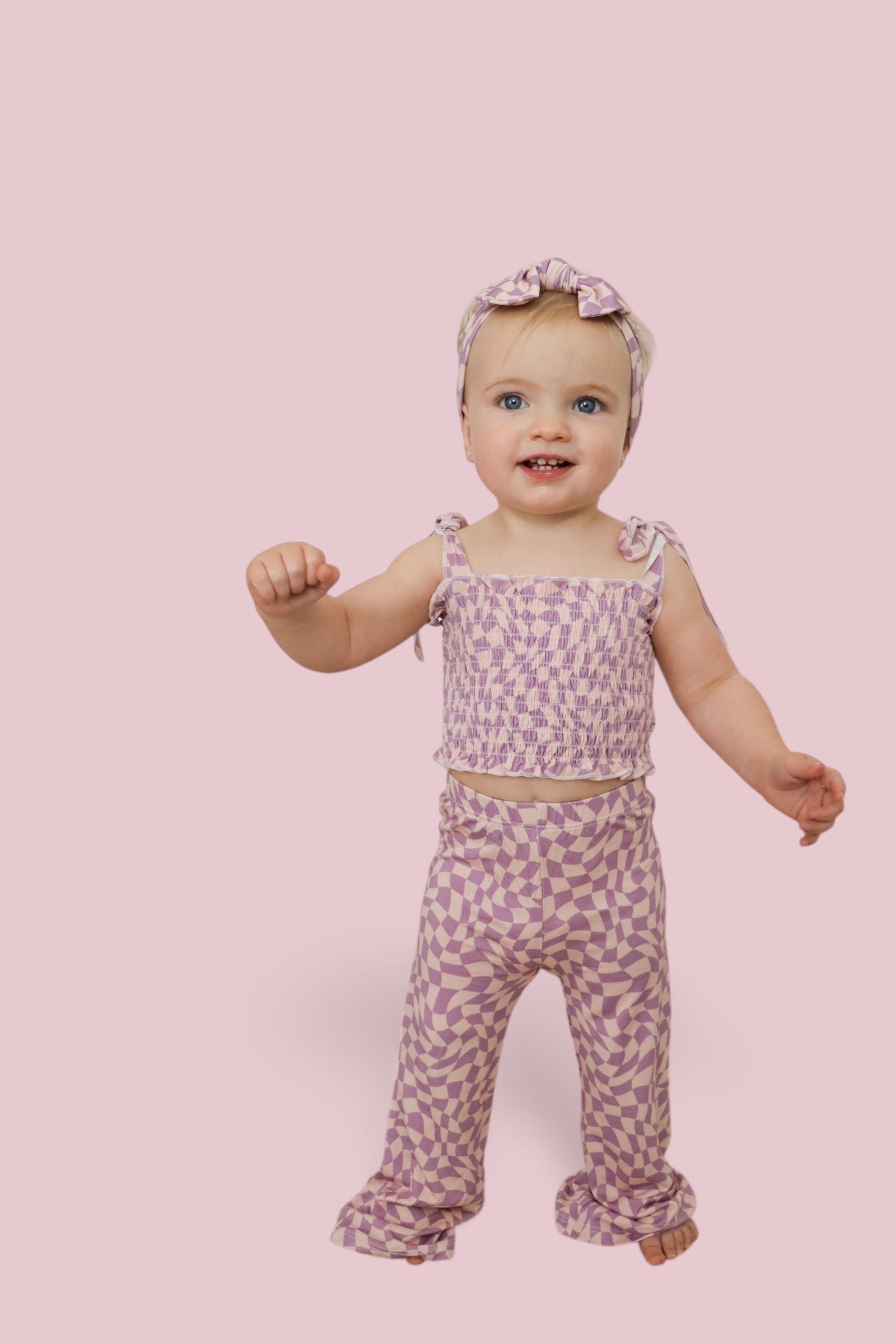 Plum Wavy Checkers Dream Smocked Flare Set
