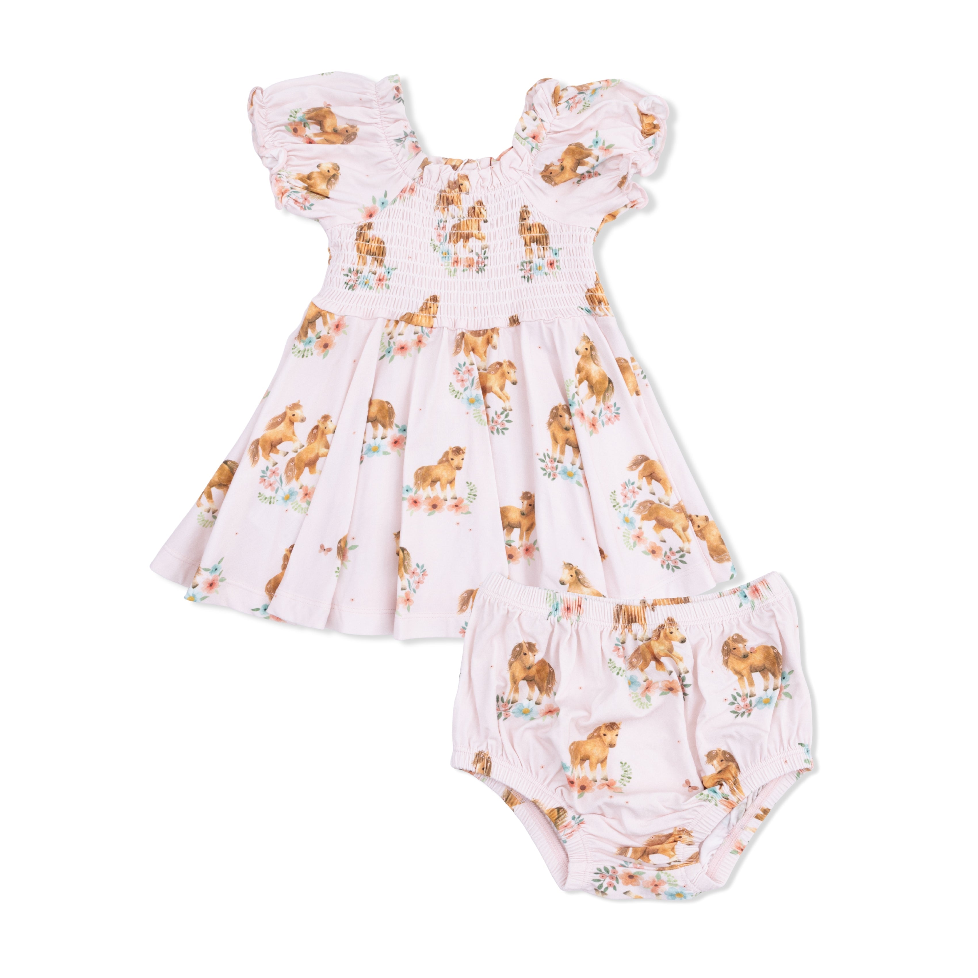 Pink Ponies - Smocked Twirly Dress And Bloomer