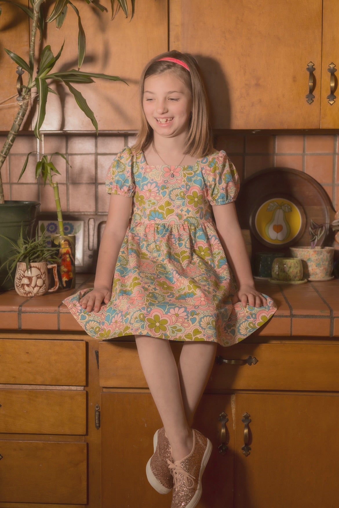 Girls' Puff Sleeve Dress In Blue 60s Psychedelic Floral