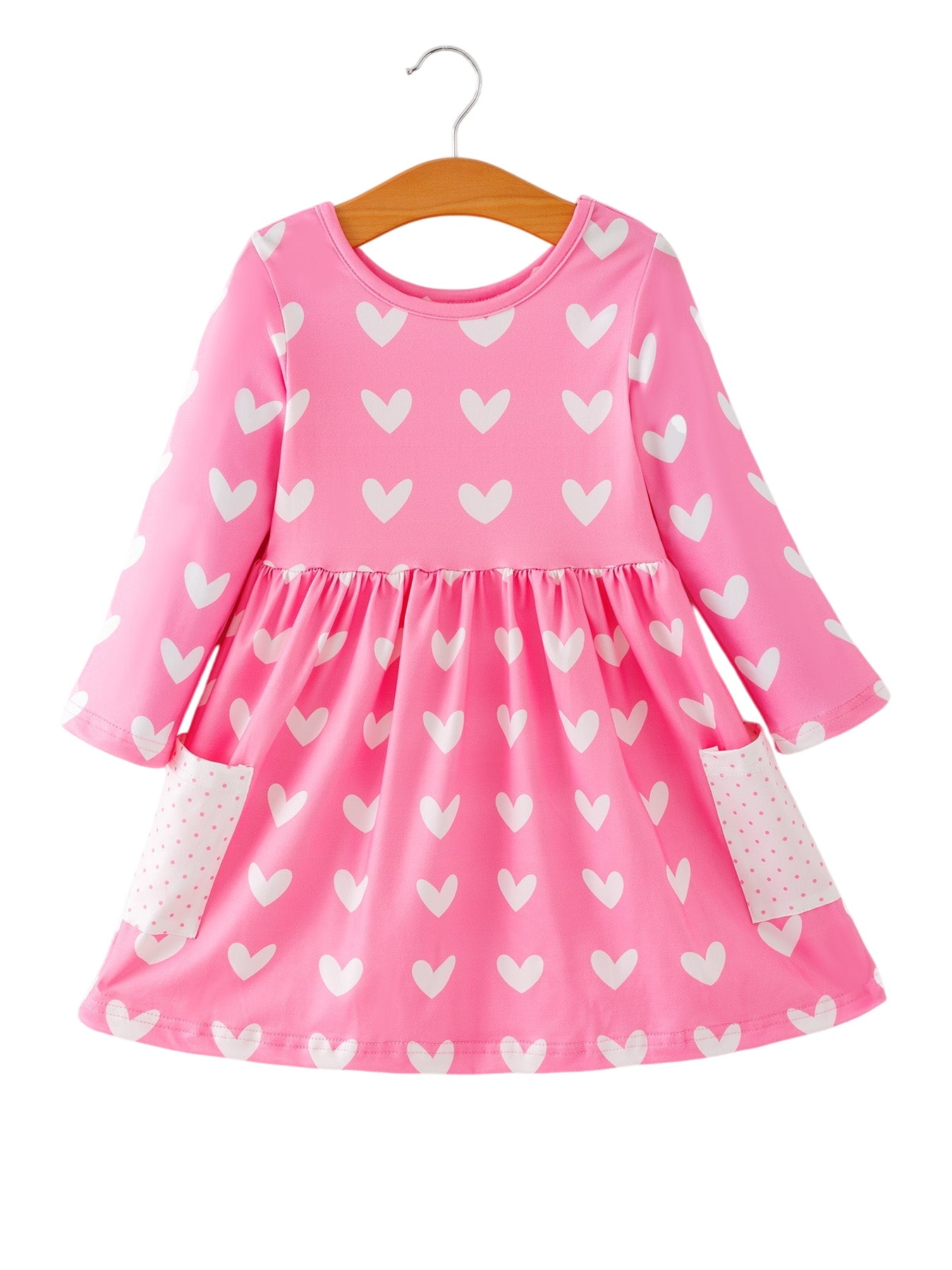 Girls Valentine’s Outfit Pink Heart Long Sleeve Dress With Pockets