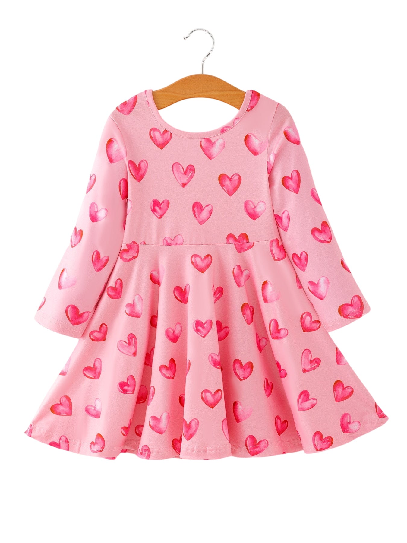 Girls Valentine Party Dress – Pink Heart Print Long Sleeve