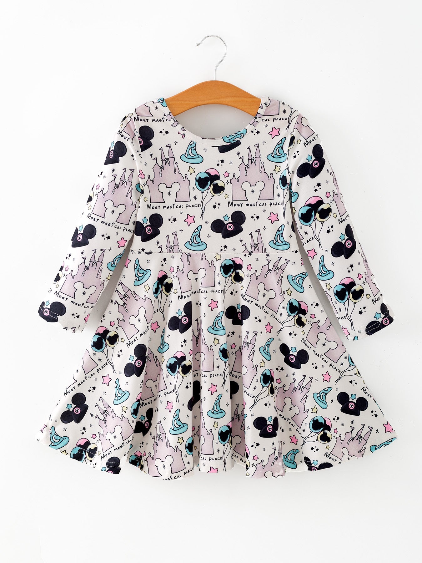 Valentine's Day Girls Castle Character Print Long Sleeve Dress