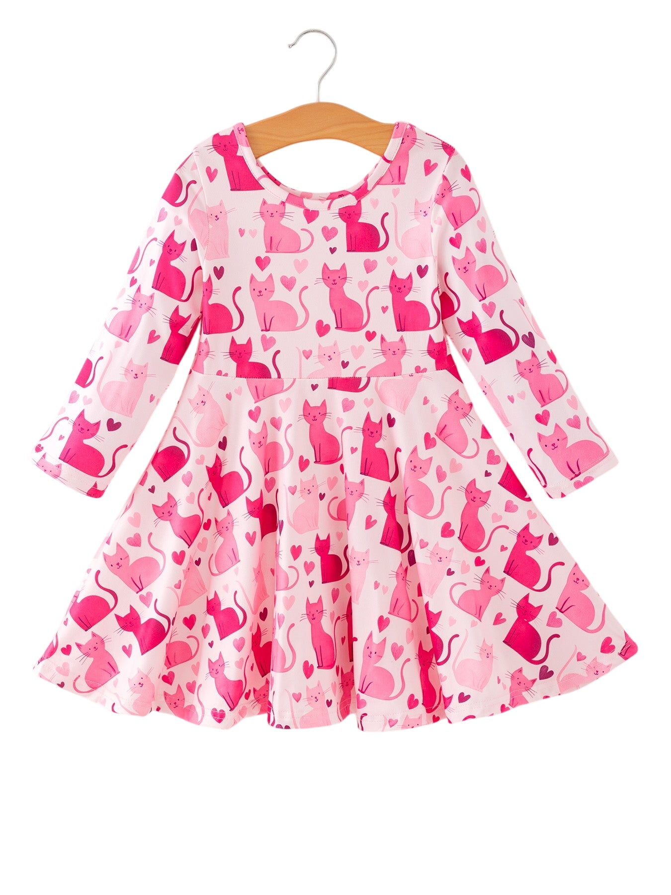 Valentine Toddler Girls Pink Cat Dress – Long Sleeve Heart Print Outfit