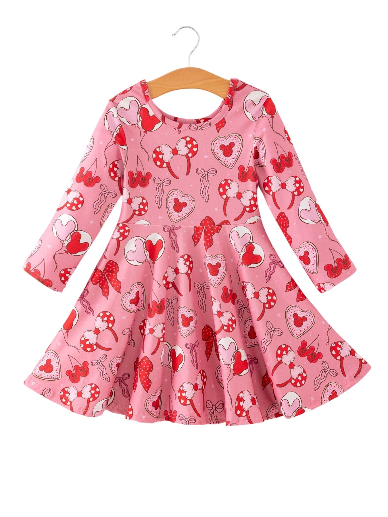 Toddler Girls Valentine Party Pink Dress – Red Bow Heart Print Outfit