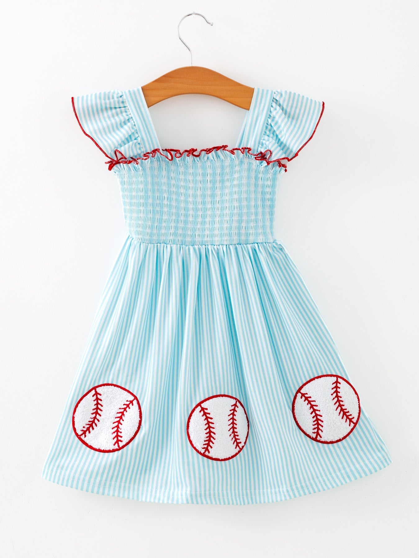 Girls Blue Striped Baseball Applique Smocked Dress Flutter Sleeves