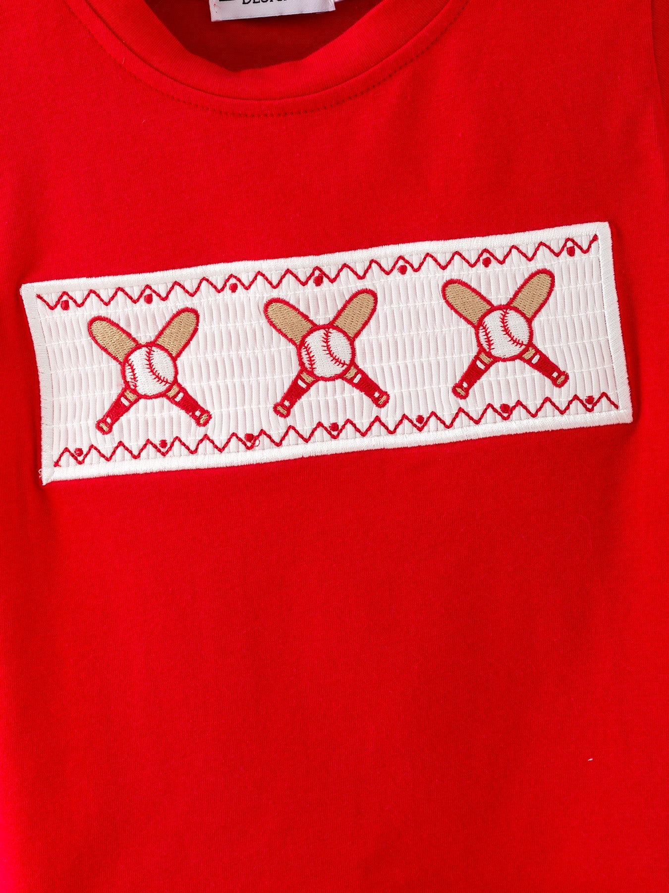 Toddler Boys Red Baseball Smocked Tee And Blue Plaid Shorts Set