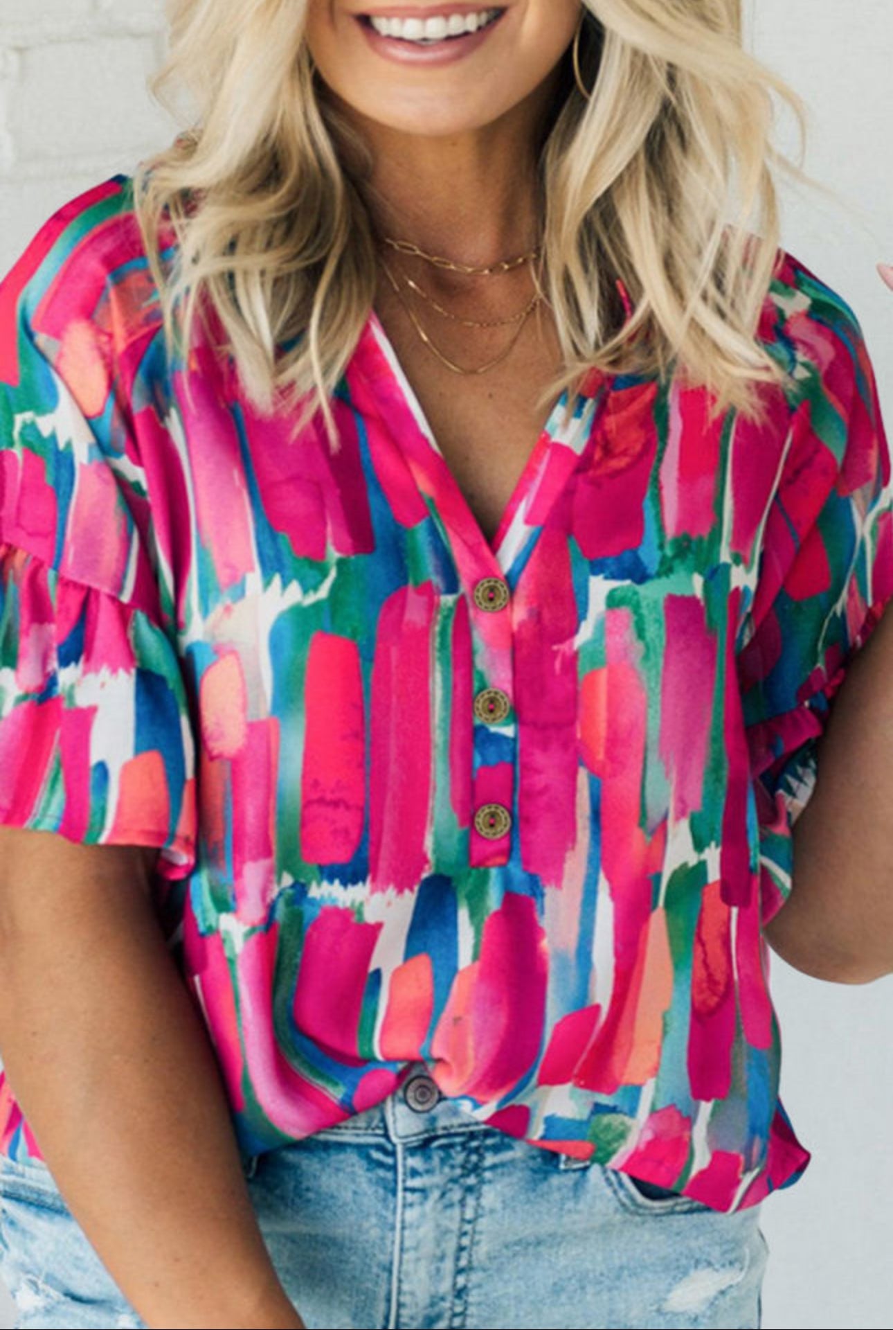 Rose Plus Brushstroke Ruffle Sleeve V Neck Blouse