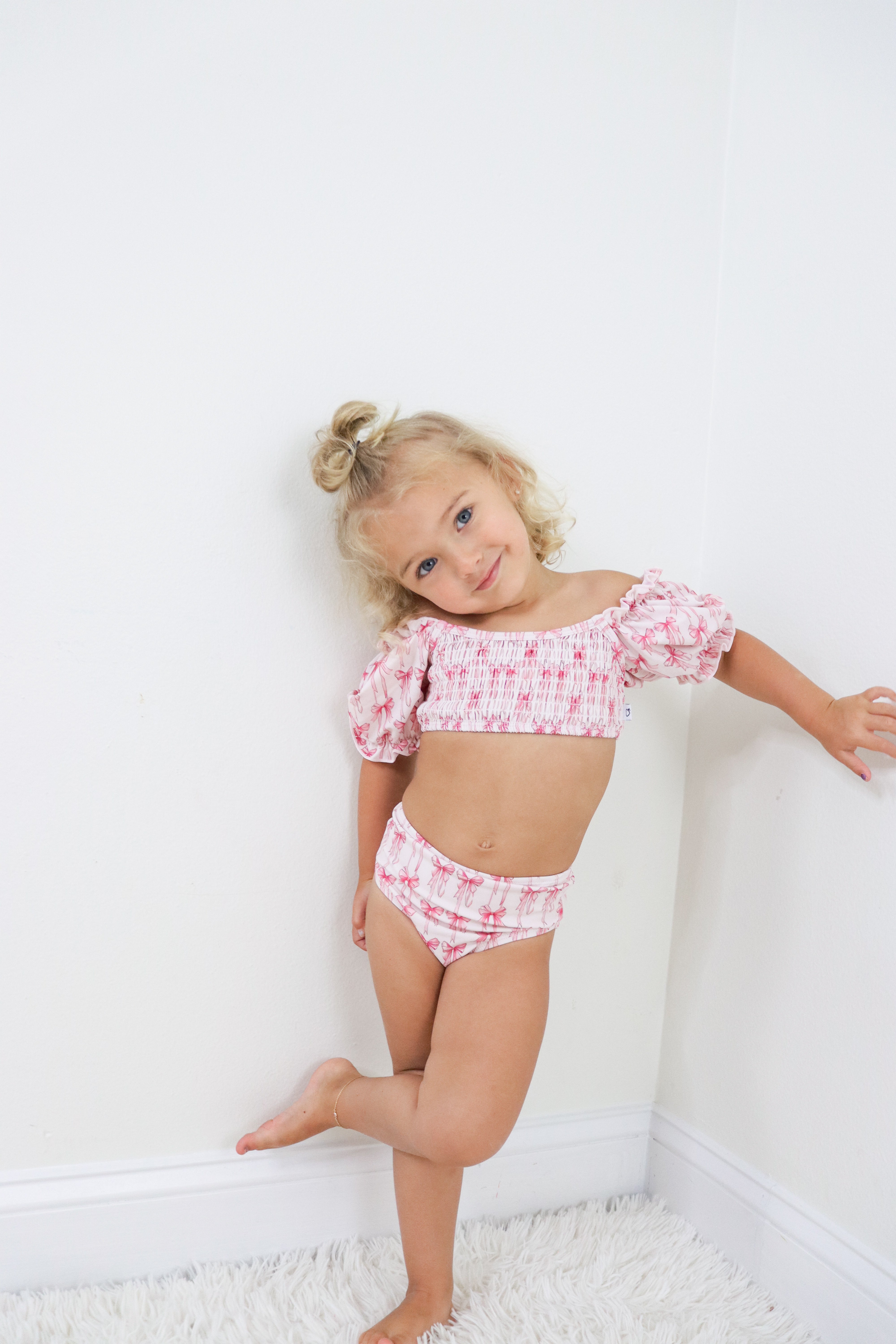 Bow Cute Dream Smocked Off The Shoulder Swim Suit